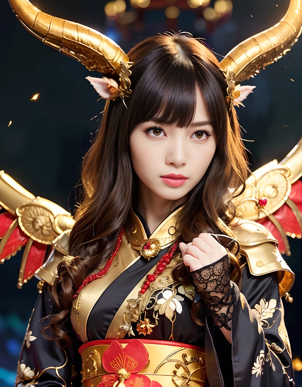 ((World of Darkness)),Professional , masterpiece、top-quality、photos realistic , depth of fields 、(sexypose)、(Black maple on the background of full bloom),(Ultimate Beauty)、A dark-haired、(shrine background)、(Kimono with beautiful pattern)、(Night background)、Beautiful hair ornament on the head、((Precipitous cliffs)),(Wear a beautiful kimono),(Wear a beautiful kimono with colorful floral patterns)、Jewel Gold Weapon、Particles of light),(Wearing a wizard's hat)、Gorgeous gold weapons ,Castle background、(( Gorgeous Dragon Sword)) , (a dark night),,(maikurobikini) 、((Black Haired Beautiful Girl))、(Castle background)、(demonic wings)、((Gangle's forest background))、Beautiful Caucasian beauty、1a person、dynamic ungle,(((Two devil's horns on the head)))、Smaller head、Idle Smile、Thin and beautiful female hands、Mystical expression、Light Effects、intense fighting、Wind-effect、magic circles、With the legendary magic wand、Dragon's tail、
