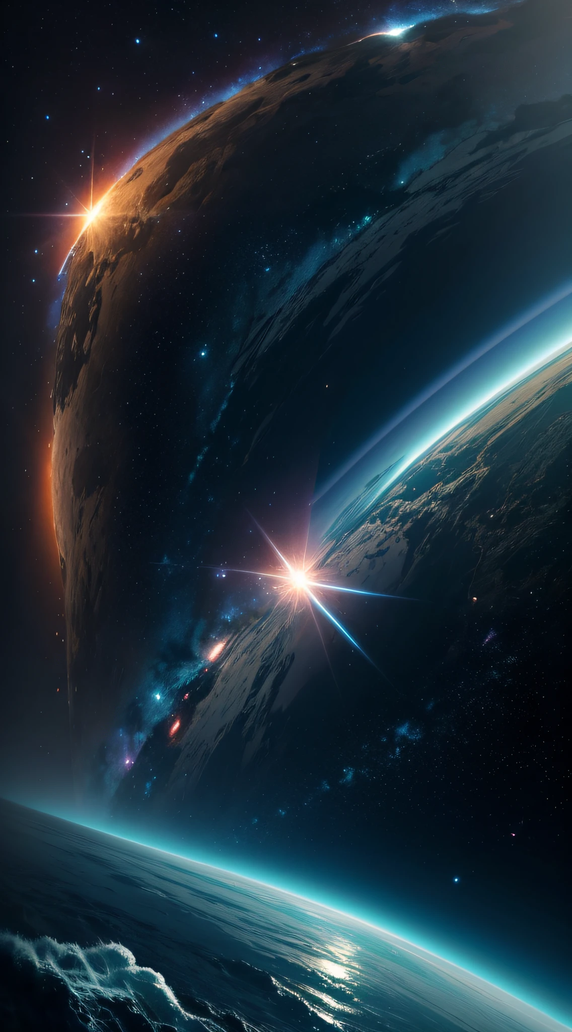 Visualize a cosmic sea adventure with astronauts exploring the uncharted waters of space.