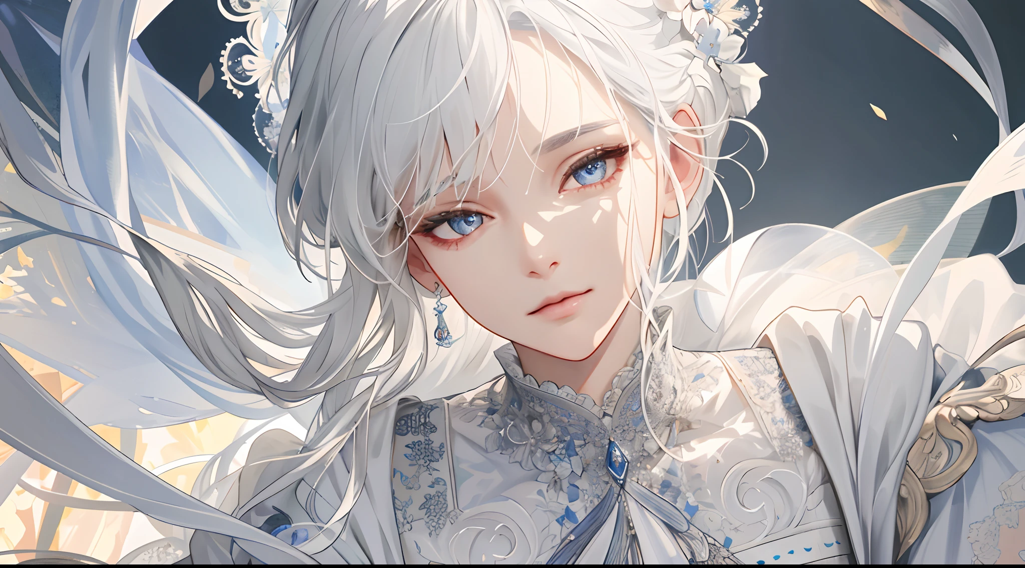 (Extremely Delicate and Beautiful:1.2), 8K ,(Masterpiece:1.0),(best_quality:1.0), 1girl, mature woman, complex details, enlarged textures, complex details, finely detailed eyes and detailed face, intricate details, white hair, (closed mouth), perfect eyes, equal eyes, (goddess), perfect body, extremely detailed