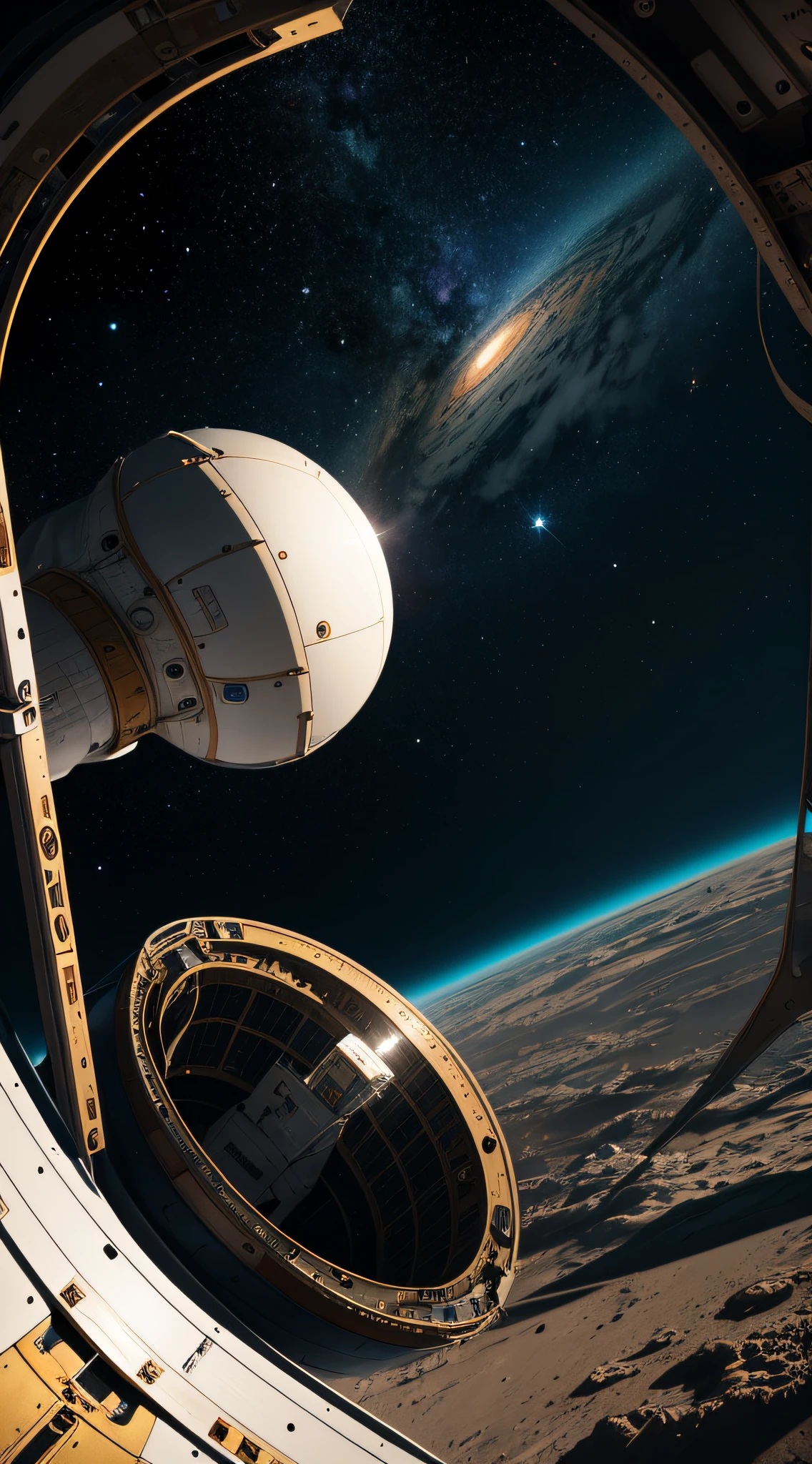 Futuristic scientific space station. close to the sun its white color being bathed by the intense light of the sun causing shadows to the station of spherical shape with thrusters