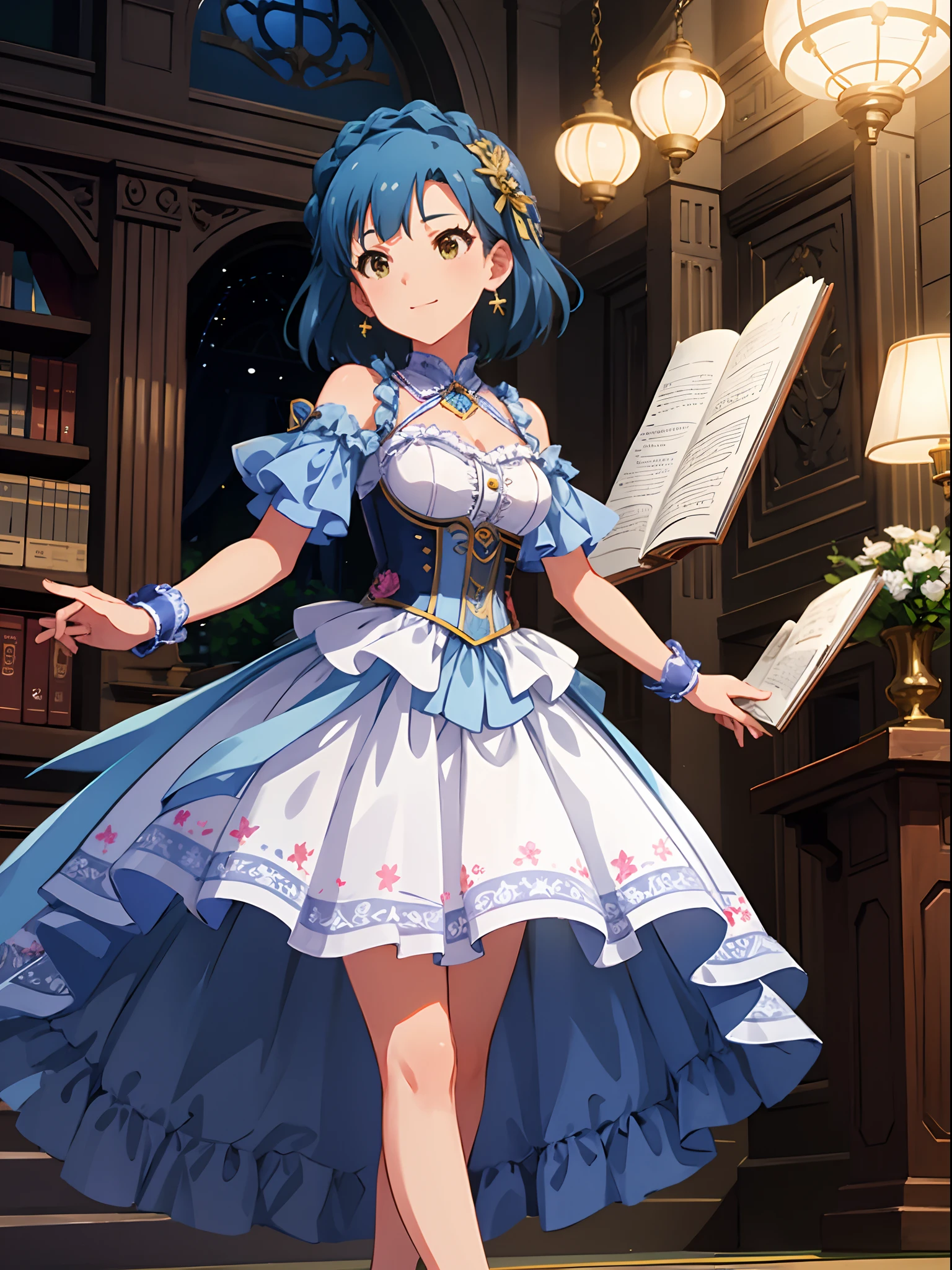 yuriko nanao (million live), 1 girl, , cute girl, Best Quality, Ultra-detailed, 8K, high resolution, bob hair, smile, singing, Cute Dresses:1.5, princess line dress, detailed background, old library, book shelf,