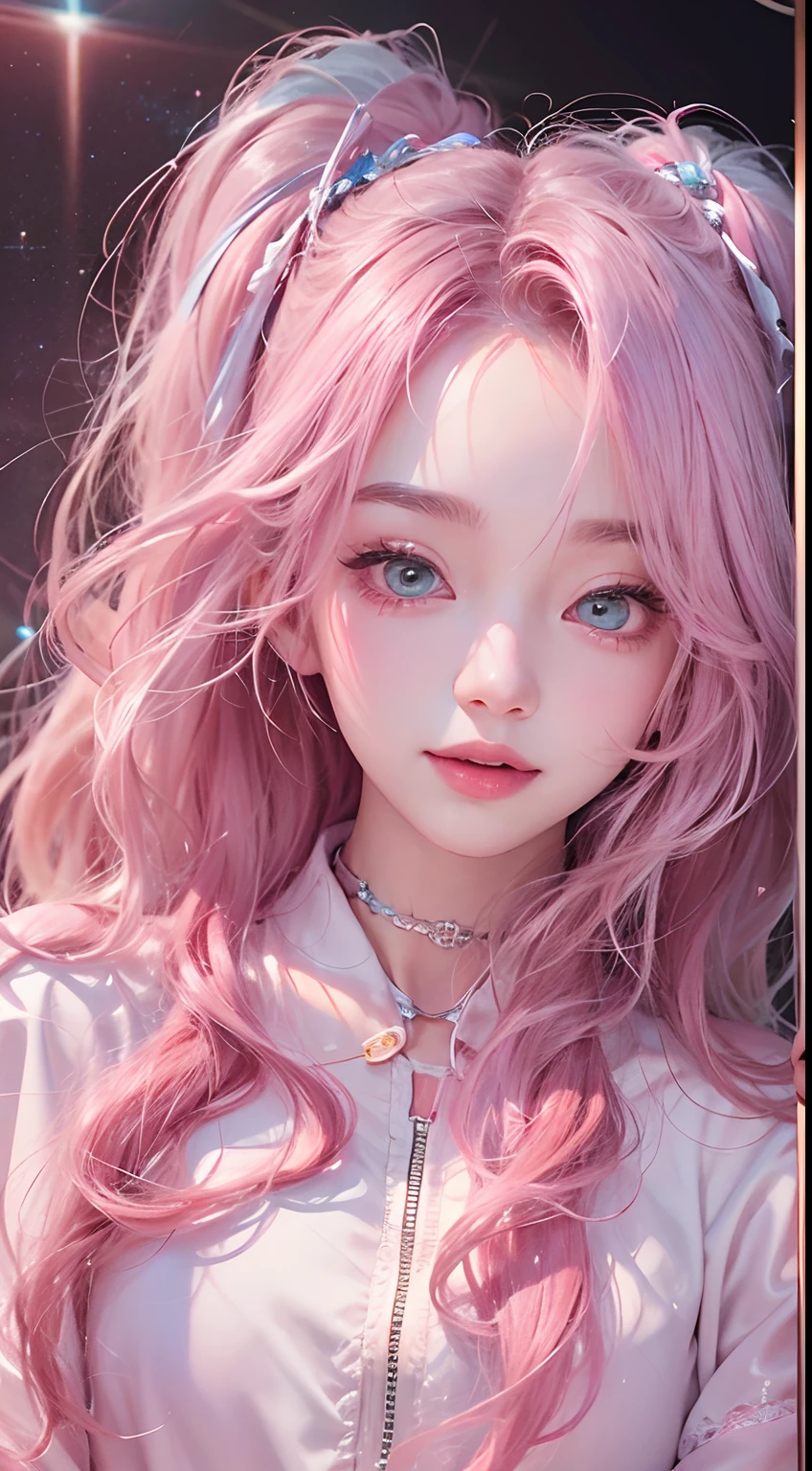 1girll,(Captivating quality:1.4),(True textured skins of the highest quality), Delicate face,Pink twin-tailed hair, Gradient Hair, (perfect bodies:1.1),Heart-shaped choker、long eyelasher,grin, hyperphotorealism, Cinematic lighting, projected inset, surrealism, hyper HD, masutepiece,Dream On,Please wear clear silk pajamas,Carmelto,Fantasy space,Luxurious space