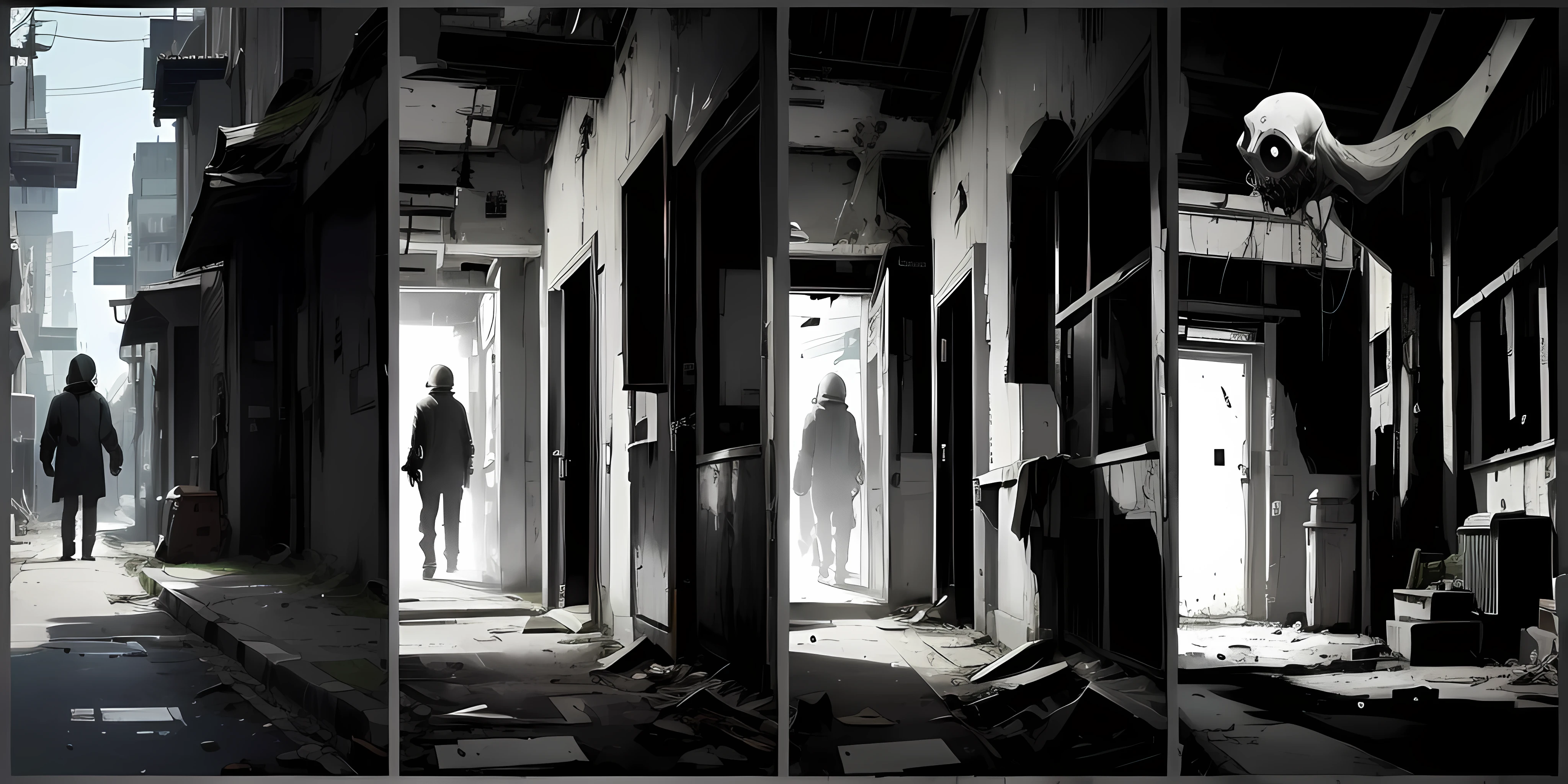 arafed image of a man walking down a street past a building, urbex photography, spooky creepy liminal space, abandoned hospital, horror photography, urbex, urban exploration, uncanny creepy liminal space, in a desolate abandoned house, the scary empty liminal spaces, urban exploring, unsettling creepy liminal space, ghostly figures