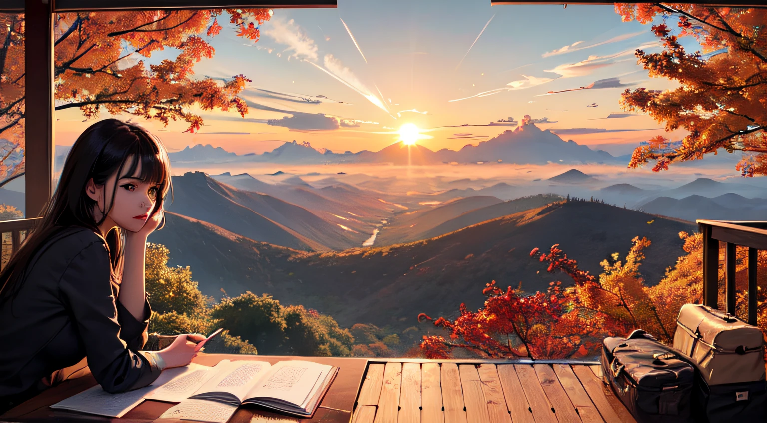 realisitic,A vast city spreads out、Rising sun over skyscraper army、The morning sun is beautiful、Horizon,composed々The sky is getting brighter、Huge autumn clouds、Vibrant colors、Girl watching from distant mountain top