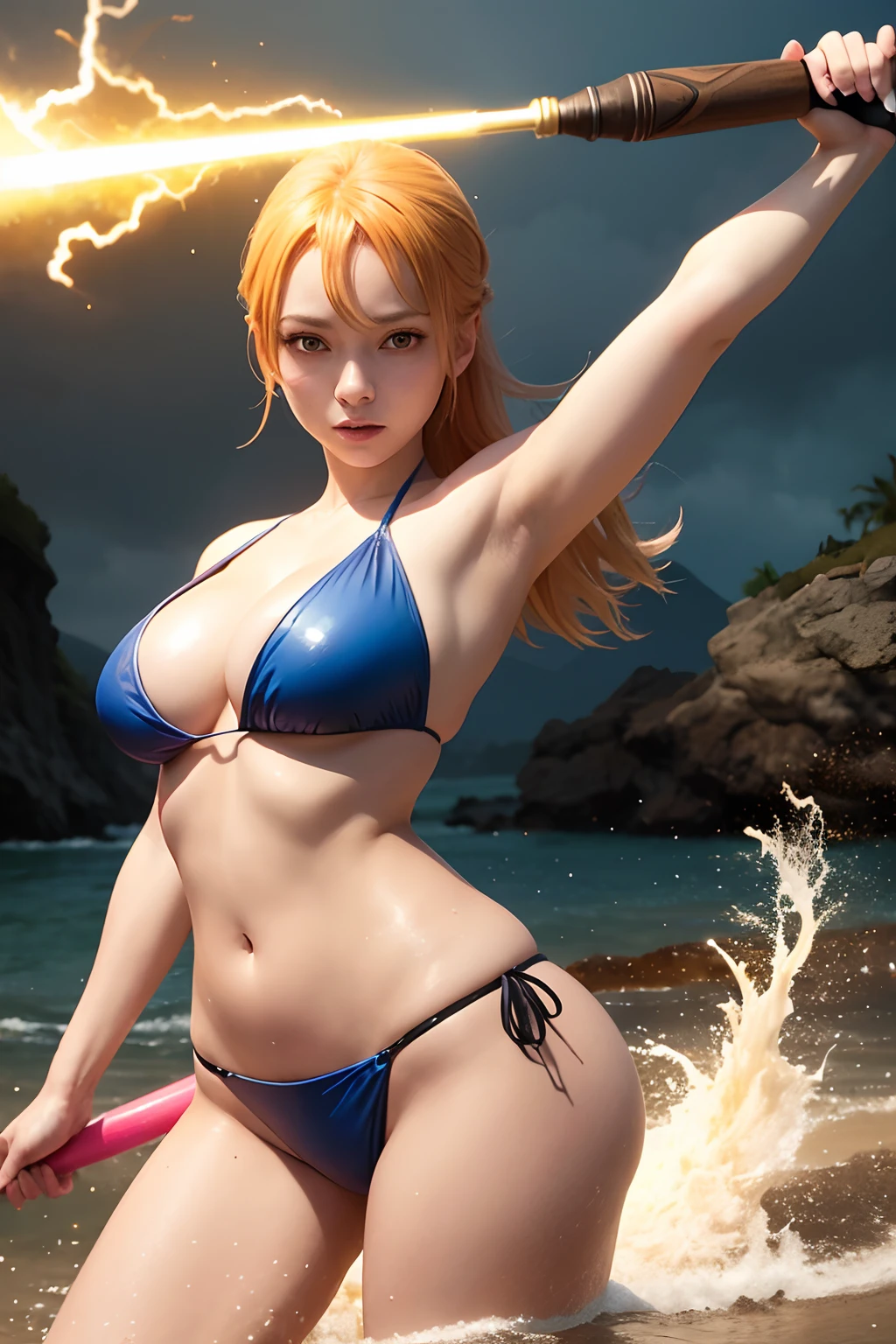 there is a woman in a bikini holding a baseball bat, nami from one piece, nami one piece, deviantart artstation cgscosiety, splashes of lightning behind her, epic digital art illustration, goddess of lightning, epic fantasy digital art style, epic fantasy digital art, 2. 5 d cgi anime fantasy artwork, mermaid cyborg with a laser whip