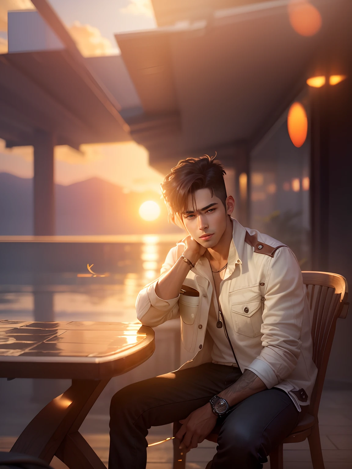 Background change into sunset with coffee area handsome boy  realistic photo realistic 8k photo