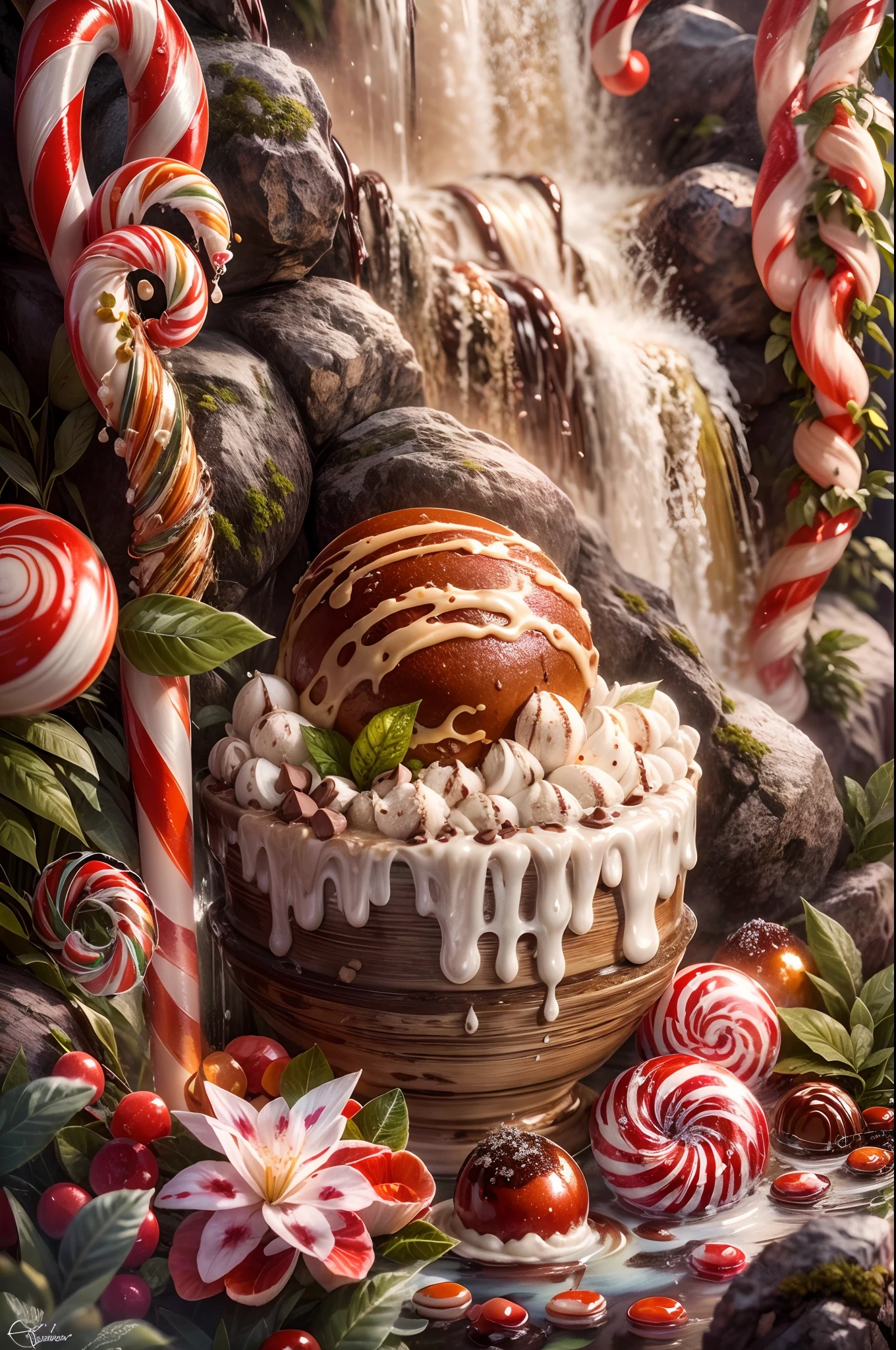 (realistic,portraits,chocolate waterfall,candy cane tree,vanilla ice cream bush, sweet chocolate waterfall)
(best quality,4k,8k,highres,masterpiece:1.2),ultra-detailed HDR portraits set against a backdrop of a fantastical landscape. The focal point of the image is a mesmerizing chocolate waterfall cascading down a rocky slope. The waterfall has a rich, velvety texture that looks incredibly realistic, with every droplet glistening in the light. Surrounding the waterfall is a magnificent candy cane tree, its branches covered in vibrant red and white stripes. The tree stands tall and majestic, creating a striking contrast against the dark, chocolatey background. Next to the tree, there is a vanilla ice cream bush, with creamy white scoops of ice cream nestled among the foliage. The ice cream bush adds a touch of whimsy and sweetness to the scene. The entire image exudes a warm and inviting atmosphere, with the aroma of chocolate and vanilla filling the air. The lighting is soft and diffused, creating a gentle glow that enhances the details of the portraits. The portraits themselves are incredibly lifelike, capturing the smallest nuances of the subjects' features. The viewers can see the sparkle in their eyes, the delicate curves of their lips, and the precise lines of their facial expressions. These portraits are works of art that showcase the true essence of the individuals, evoking emotions and telling stories through their features. The colors in the image are rich and vibrant, with warm tones dominating the scene. Overall, this realistic portrait scene with a chocolate waterfall, candy cane tree, and vanilla ice cream bush is a feast for the eyes, capturing both the beauty of nature and the depth of human emotions.