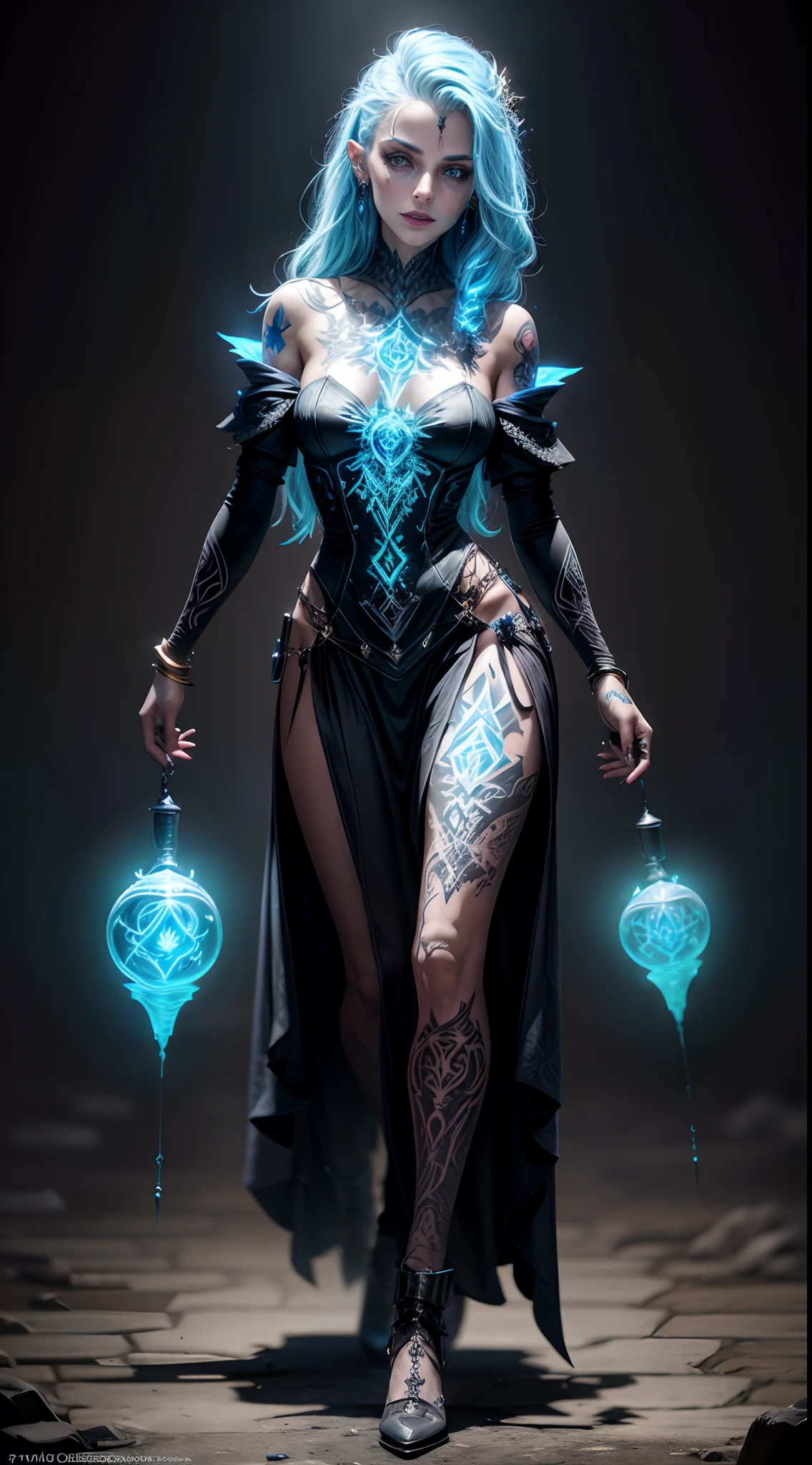 tattoed sorceress, full body shot, glowing tattoos