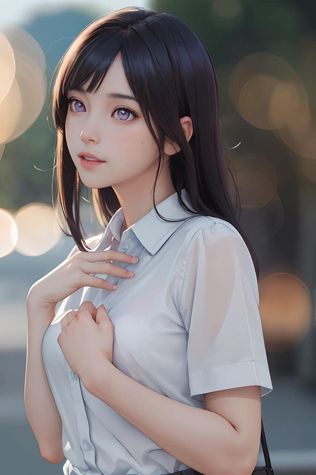 (masterpiece, best quality), depth of field,1girl, finely detailed, high detail,High quality shadow,beautiful detailed,(bokeh:1.5),taken by Canon EOS, SIGMA Art Lens 35mm F1.4, ISO 200 Shutter Speed 2000 , back lighting,
solo, flower, , outdoors, letterboxed, day, sky, , cloud, sunlight, white shirt, upper body, from side, blurry,blue sky, (high detailed skin, skin details), beautiful and realistic and detailed hands and fingers:1,best ratio four finger and one thumb,Blunt Bangs, purple eyes, long dark blue hair
looking up , long hair , short sleeves, parted lips, shirt , brown hair,