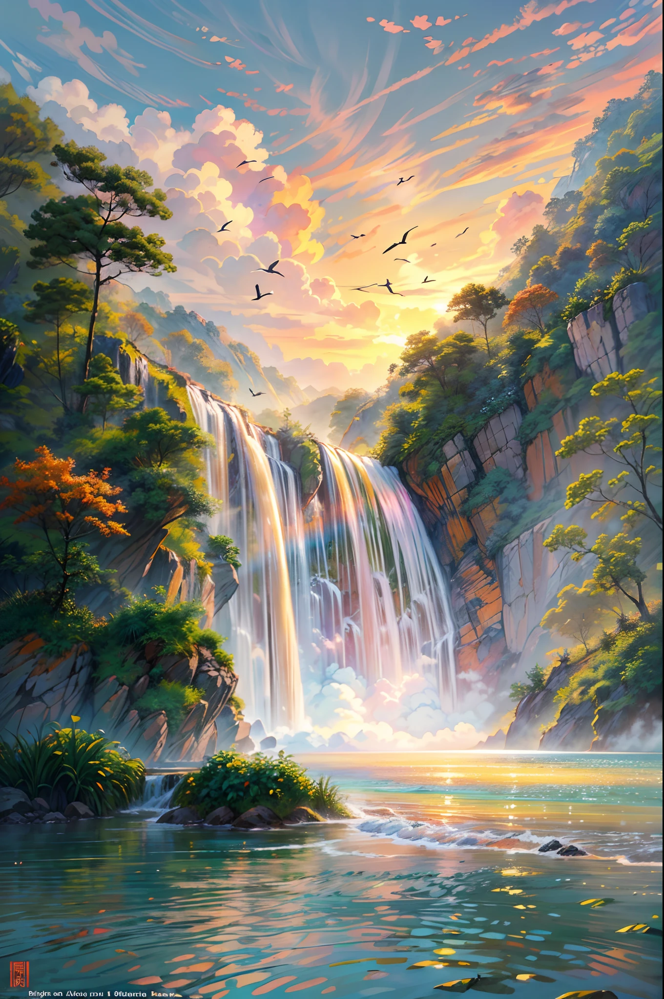 (best quality,4k,8k,highres,masterpiece:1.2),ultra-detailed,(realistic,photorealistic,photo-realistic:1.37), Chinese-style painting, natural landscape, flying island suspended in the sky, colorful vibrant colors, magnificent waterfall pouring down from the island, sunset lights casting a golden glow on the scene, purple hues in the sky blending with the yellow sun, rainbow arching across the waterfall, misty water spray creating a dreamy atmosphere, tranquil sea reflecting the stunning view.