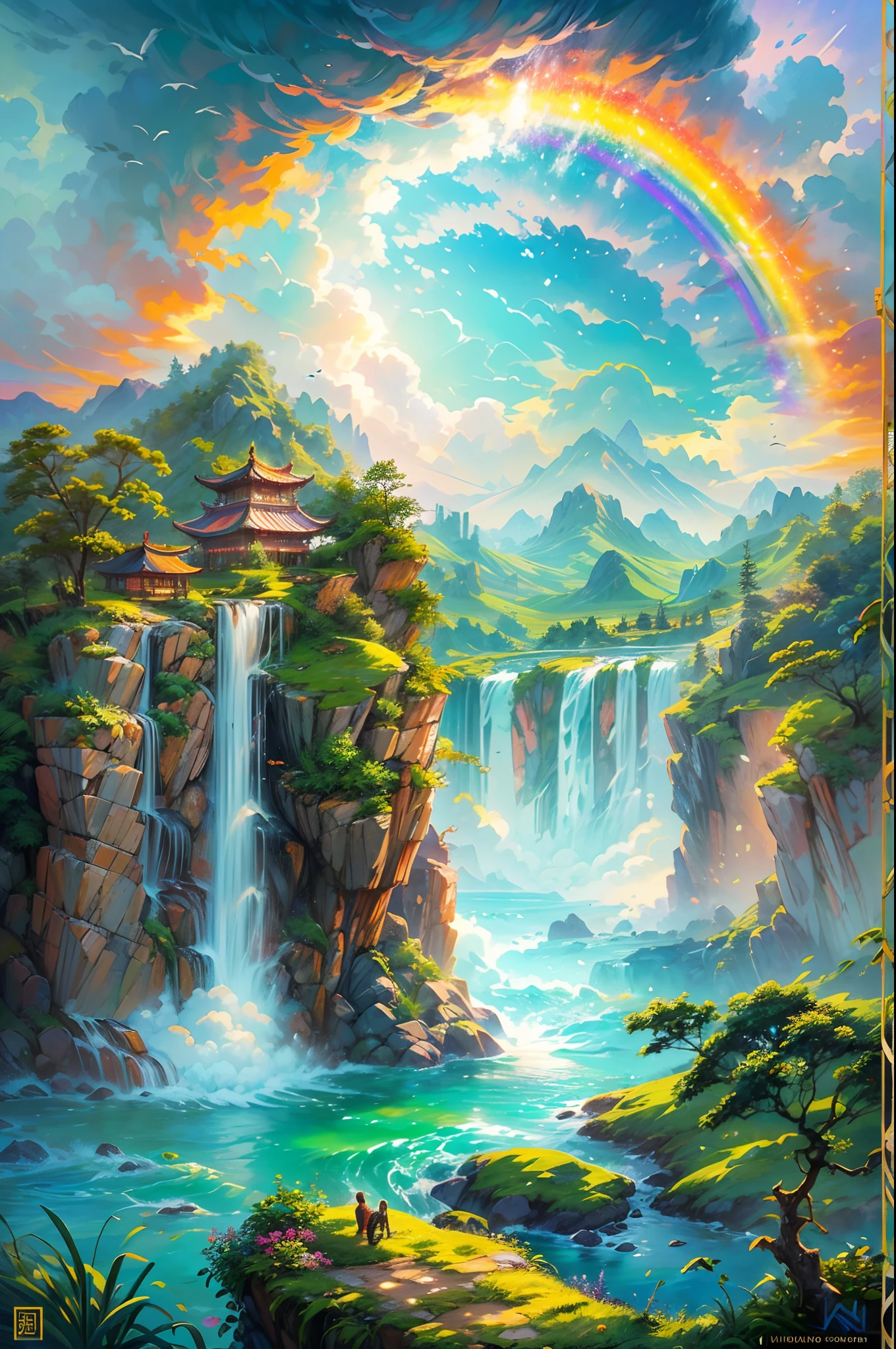 (best quality,4k,8k,highres,masterpiece:1.2),ultra-detailed,(realistic,photorealistic,photo-realistic:1.37), Chinese-style painting, natural landscape, flying island suspended in the sky, colorful vibrant colors, magnificent waterfall pouring down from the island, sunset lights casting a golden glow on the scene, purple hues in the sky blending with the yellow sun, rainbow arching across the waterfall, misty water spray creating a dreamy atmosphere, tranquil sea reflecting the stunning view.