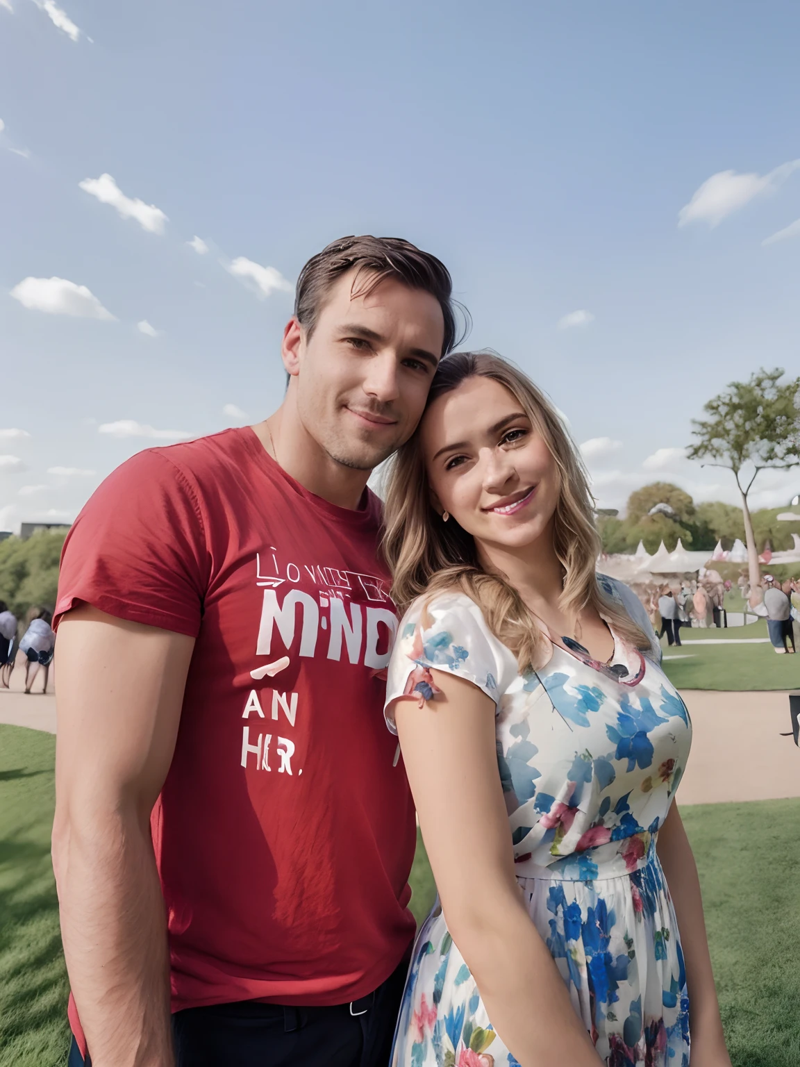 A man and a woman stand together in the park, vacation photo, profile image, profile picture 1024px, lovely couple, a painting, very, very high picture quality, Happy couple, couple portrait, Millais and Greg Rutkowski, very accurate photo, in sunny weather, couple, photo taken in 2 0 2 0, girl in a dress, Man in white T-shirt
