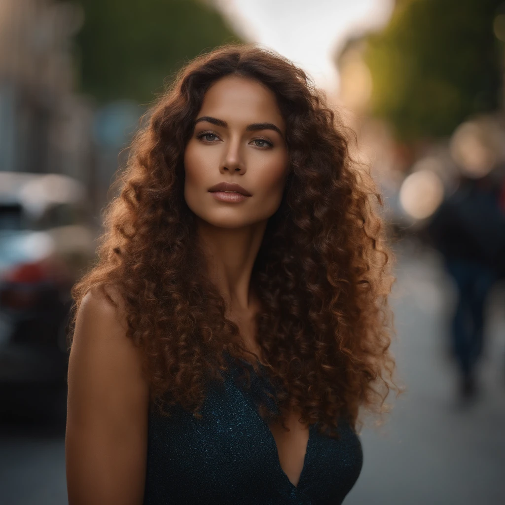premier quality, Realstic, very delicate and beautiful, natural lighting, Face Lighting, focale grand, corps entier, 1 femme , couleur de peau noire, frizzy hair on a street