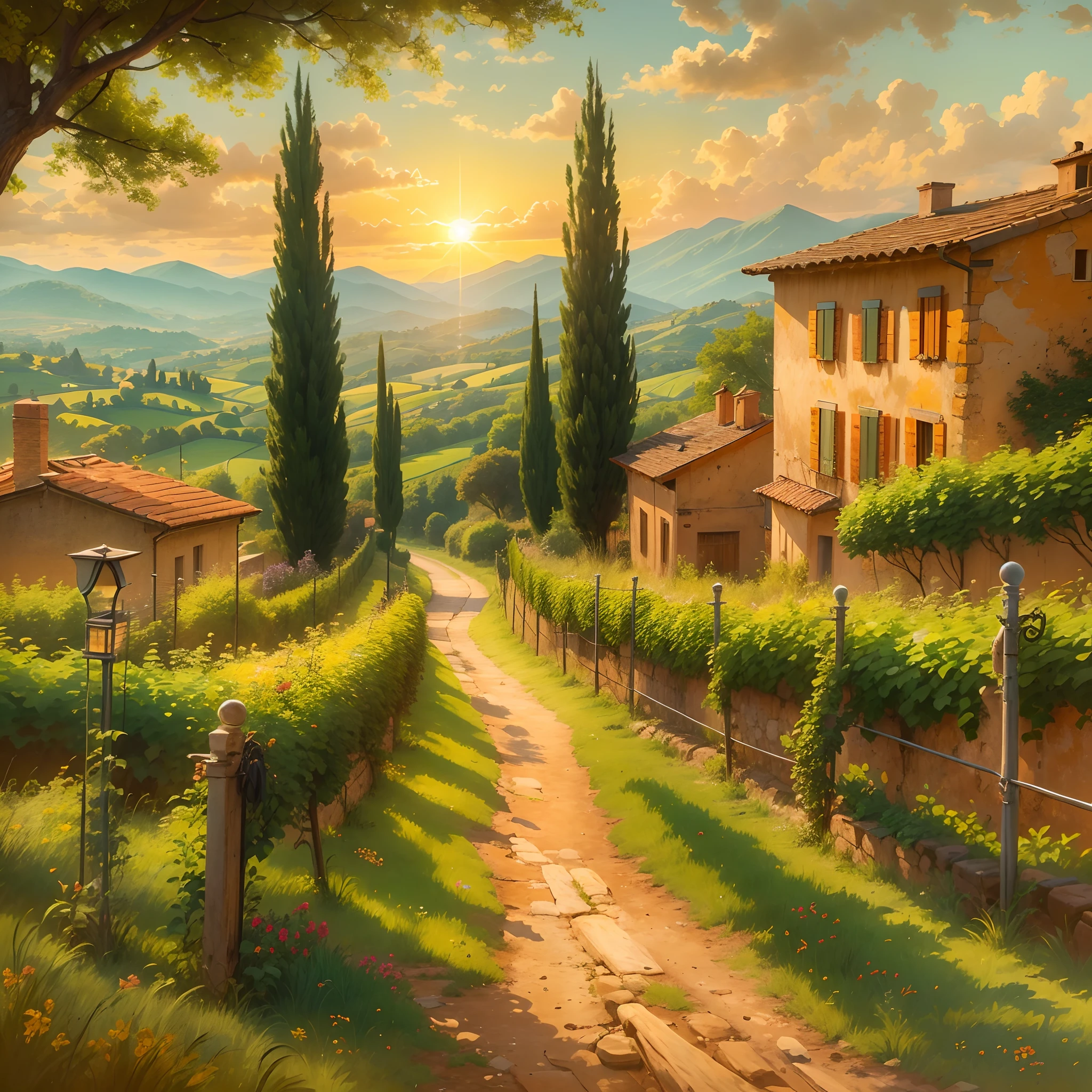 a beautiful sunset over the rolling hills of Tuscany,a picturesque Italian countryside scene,with vibrant green vineyards and olive groves stretching into the distance,warm golden sunlight illuminating the landscape and casting long shadows,on a clear summer evening,with a rustic stone farmhouse nestled among the fields,its terracotta roof tiles gleaming in the last rays of sunlight,a quaint village in the distance,a winding cypress-lined road leading towards it,inviting viewers to follow its path,a peaceful atmosphere,with the sound of chirping birds and gentle breeze filling the air,the colors of the scene are rich and vivid,with deep greens, golden yellows, and warm earth tones dominating the palette,the lighting is soft and diffused,emphasizing the tranquility of the setting,the overall image quality is of the highest standard,with intricate details that capture the essence of the Italian countryside,showcasing the beauty and charm of this iconic landscape.
