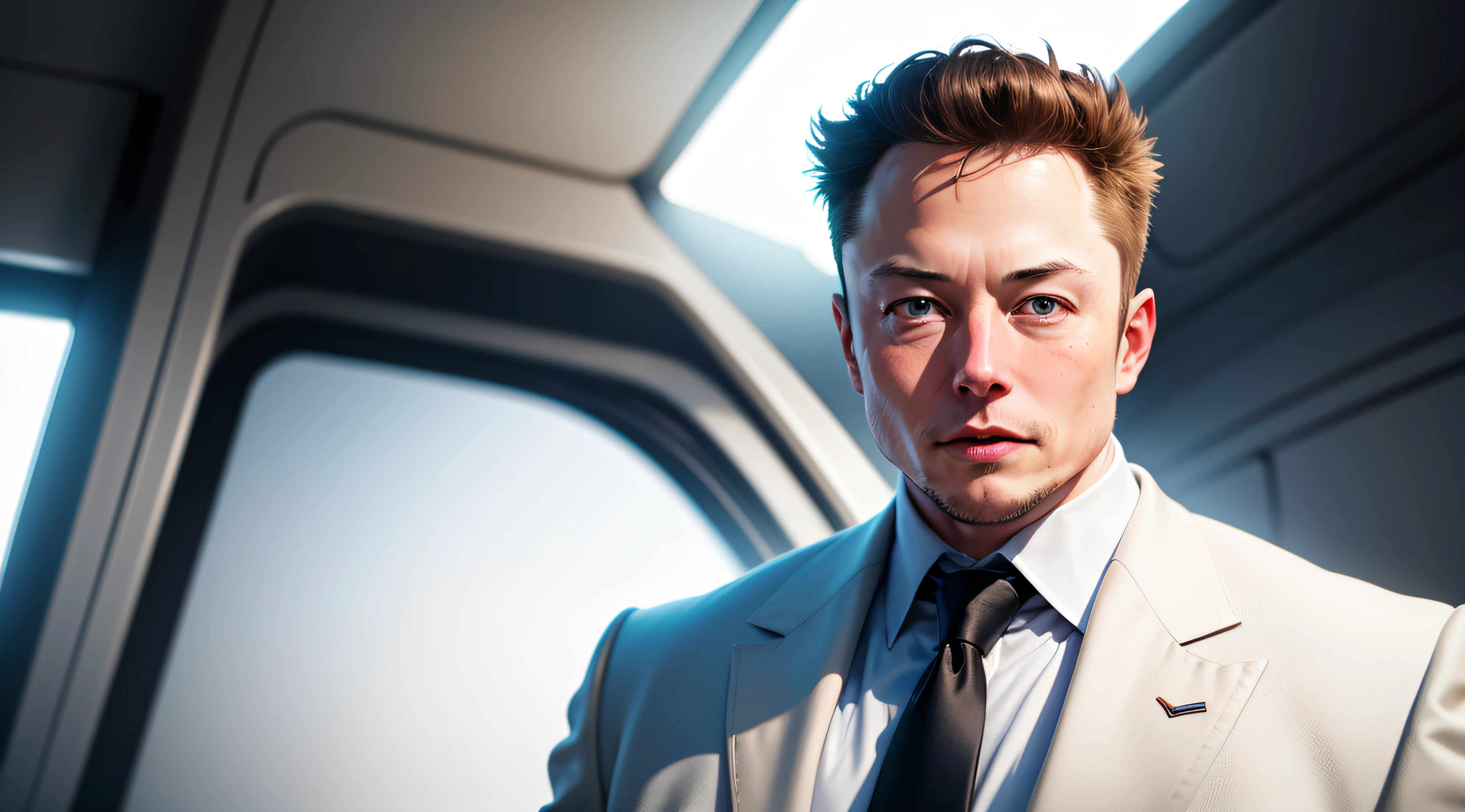 elon musk, in suit, white background, realistic