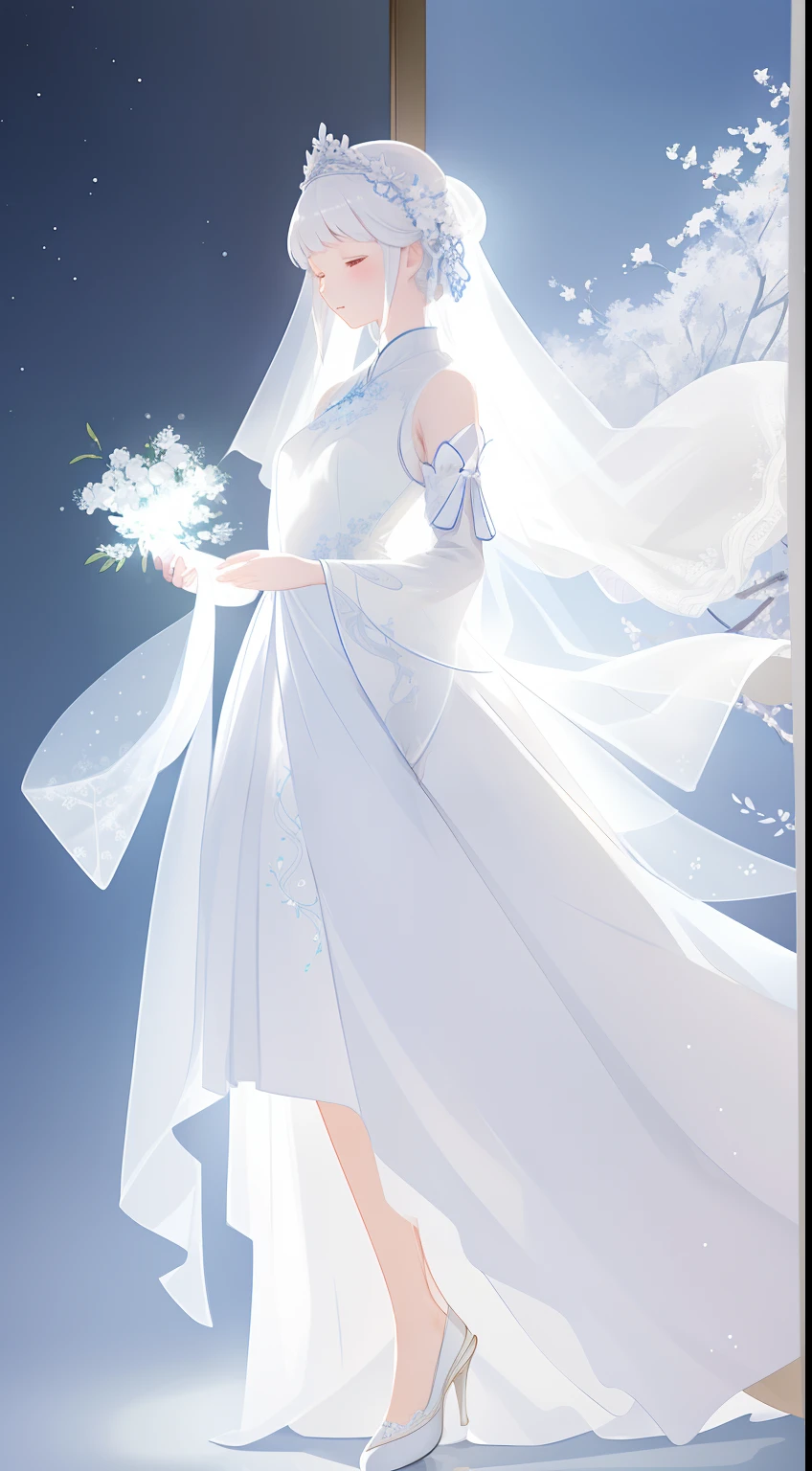 There is a dress on a mannequin stand with light, white hanfu, translucent dress, white royal dress, Elegant white dress, fantasy dress, Elegant dress, magical dress, romantic dress, intricate fantasy dress, complex white dress, Wearing a beautiful white, lady dress with glowing flowers, ethereal and dreamy, dream style, White Dress, Cheongsam, embroidery, Backlight
