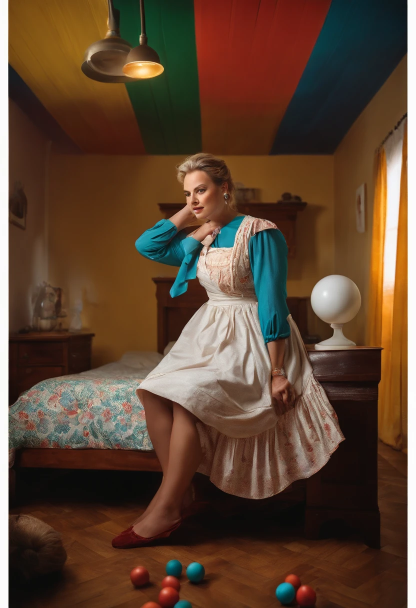 Create a high-quality image of a woman, facing forward, with a large bust, dressed as a nursery teacher in an apron, on top of a bed, and stepping on a ball