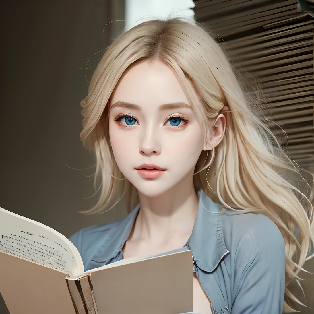 (best quality,4k,8k,highres,masterpiece:1.2),ultra-detailed,(realistic,photorealistic,photo-realistic:1.37),simple blonde woman with a book,beautiful detailed eyes,beautiful detailed lips,extremely detailed eyes and face,longeyelashes,soft flowing hair,casual attire,peaceful expression,content smile,relaxed posture,sitting in a cozy armchair,soft natural light illuminating her face,book in her hands,well-worn pages and intricate cover design,dusty shelves filled with other books in the background,muted warm color palette,subtle shadows creating depth and dimension,gentle air of tranquility surrounding her