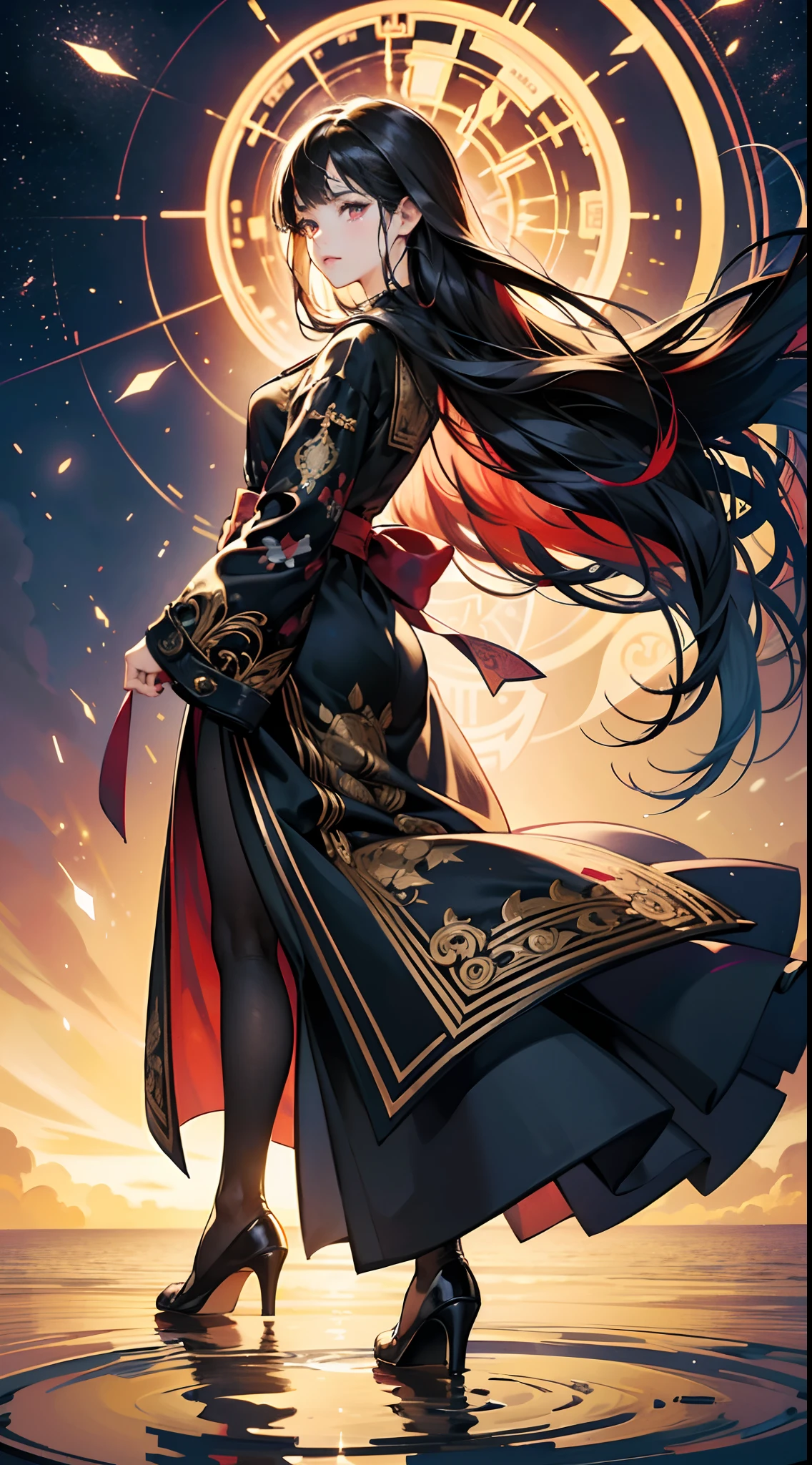 (Best Quality,4K,High resolution), Comical appearance,(Best Quality,4K,High resolution), 18yo woman, Red highlights on black hair, Long hair, Straight hair, Cool Woman,Cold eyes ,sharp eye,Red glowing eyes,Facing the front,Walk on the lake,Full body close-up,Rotate the camera from above,World of Dreams,Delicate illustrations drawn in detail,Clothes with intricate decorations,Realistic portrayal,Light Effects,Vibrant colors,Classic background(Best Quality,4K,High resolution),,noisy,comic strip,animesque,busy,Deformed cute illustration,Full body projection