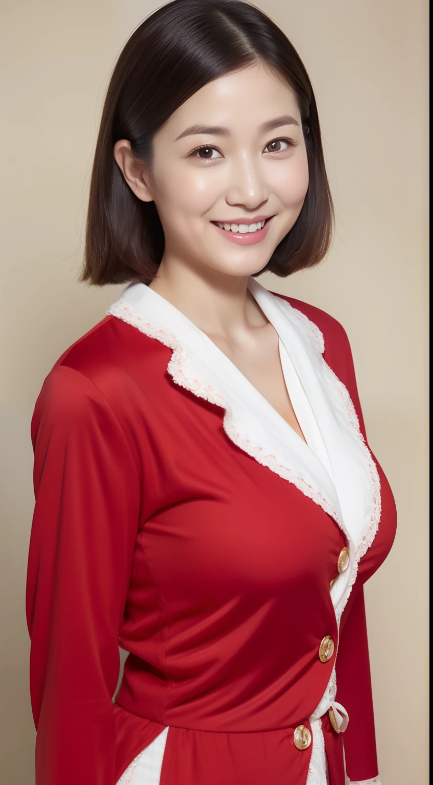 Masterpiece,Best quality, (maam. clerk:1), ((Portrait:1.3)), Cross arms, No underwear ,Red pajamas,ssmile,Skirt that wraps hips,Long legs,skin hyper-detail,Clear pores,in a panoramic view,Cocked buttocks,short detailed hair,Medium and long wave rollers,Beautiful young Japanese woman, Perfect face, (Detailed facial features), Clean and nice face,ultra huge breasts