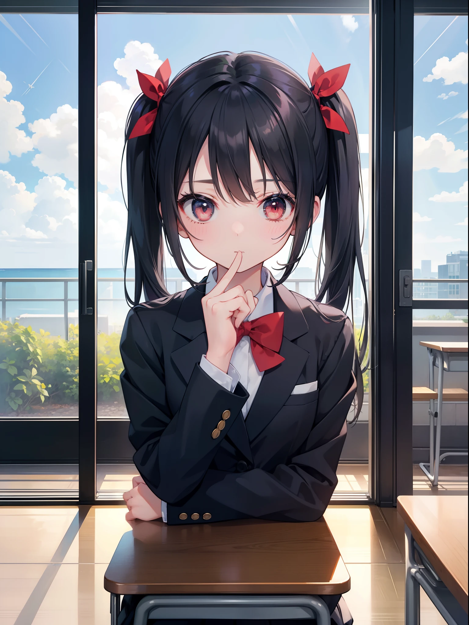 1girl, black_hair, blazer, blue_sky, bow, chair, classroom, clenched_hands, cloud, day, desk, green_bow, hair_bow, indoors, jacket, long_sleeves, looking_outside, open_window, otonokizaka_school_uniform, railing, red_eyes, rei_no_pool, school_desk, school_uniform, sky, sliding_doors, solo, twintails, window