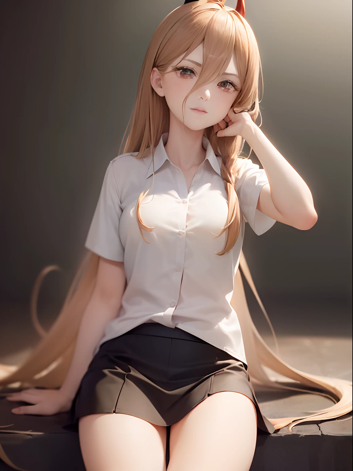 ((masterpiece, best quality)), (1girl), (solo), (female focus), (ahoge, brown hair, very long hair), golden eyes, ((white shirt), (buttoned shirt), (gap button)), ((black skirt), (short skirt)), sitting , black background, dynamic angle, slim body