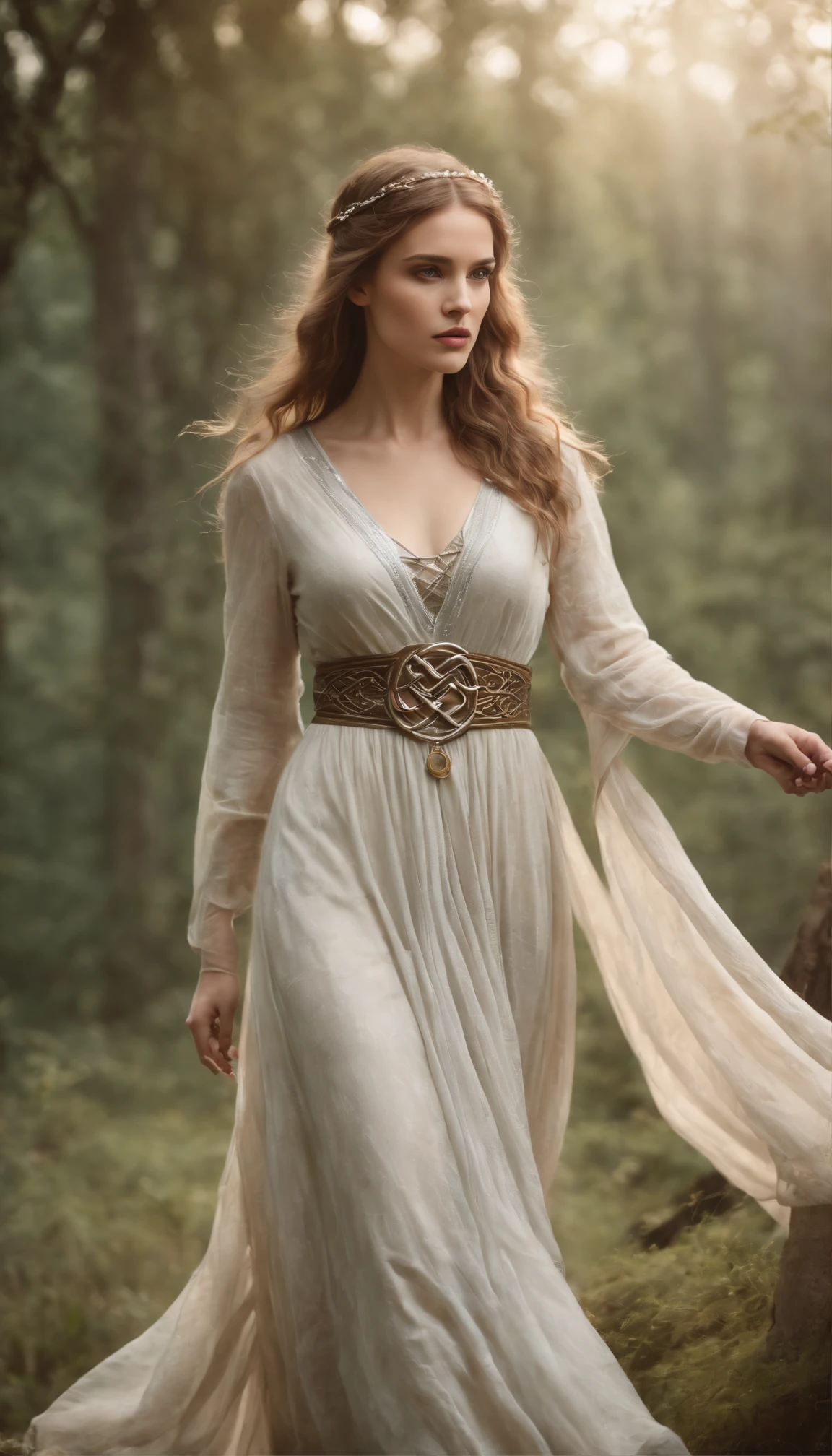 Celtic Warrior Woman, Stone Ruins, Tall and Slender, Flowing Dress with Celtic Knot Jewelry, Procreate, Watercolor Technique, Poster Design, 300 DPI, Soft Lighting, Ethereal Art, Mysterious, Serene Expression, Enchanting Atmosphere, bokeh, photo, 8k, dark, dynamic action, pale washed out style, dreamy nostalgic, soft focus, dark vignetting, light leaks, medium photography, gloomy artistic painterly ethereal, whimsical, coarse grain photo