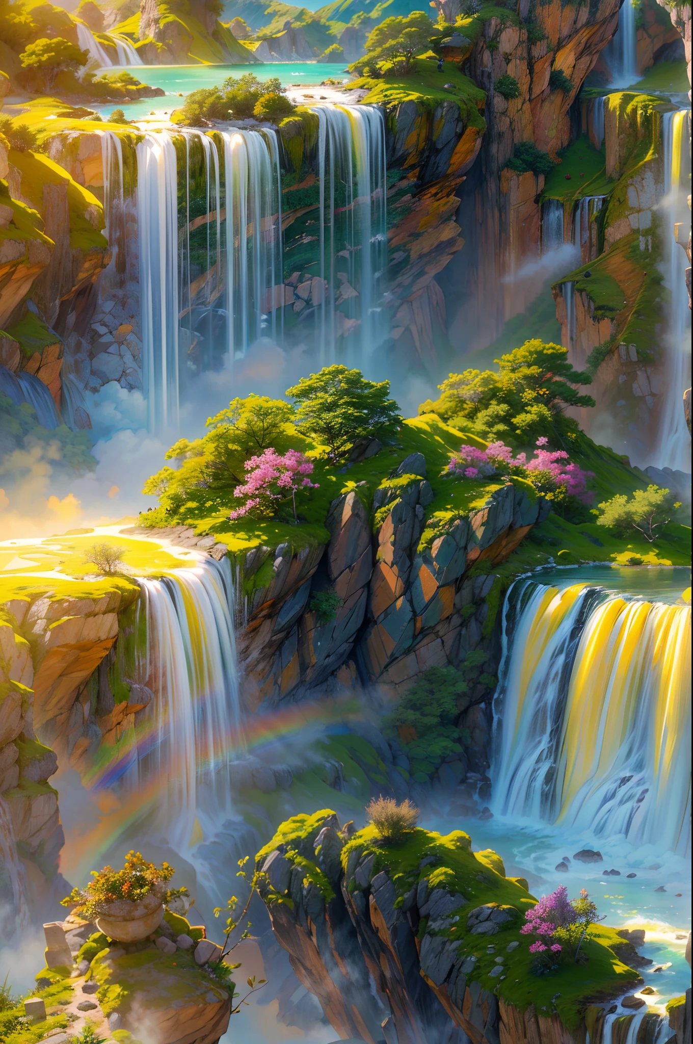 (best quality,4k,8k,highres,masterpiece:1.2),ultra-detailed,(realistic,photorealistic,photo-realistic:1.37), Chinese-style painting, natural landscape, flying island suspended in the sky, colorful vibrant colors, magnificent waterfall pouring down from the island, sunset lights casting a golden glow on the scene, purple hues in the sky blending with the yellow sun, rainbow arching across the waterfall, misty water spray creating a dreamy atmosphere, tranquil sea reflecting the stunning view.