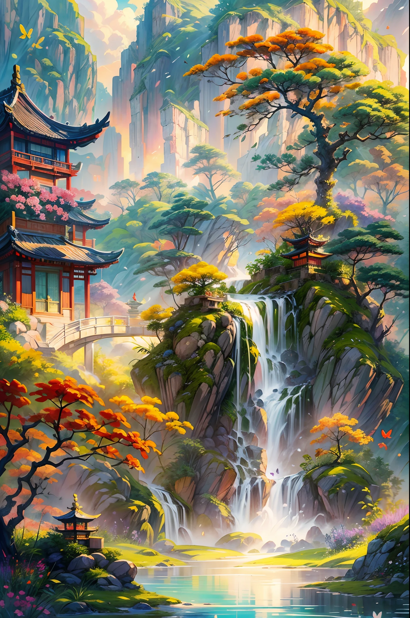 (best quality,4k,8k,highres,masterpiece:1.2),ultra-detailed,(realistic,photorealistic,photo-realistic:1.37),flying sky island, water fall, rainbow, chinese style, natural, colorful, giant water fall, sunset, purple sky, yellow sun, peaceful, serene, tranquil, majestic, ethereal, breathtaking, vibrant, picturesque, mystical, mesmerizing, dreamlike, romantic, awe-inspiring, enchanting, enchanting landscapes, captivating, graceful, soothing, idyllic, hidden oasis, hidden gem, paradise, hidden wonder, divine, mythical, serene beauty, divine beauty, otherworldly, aerial view, panoramic view, surreal, floating, suspended in the air, suspended in the sky, tranquil sea, sparkling water, cascading water, misty, misty water, roaring, powerful, fresh breeze, cool mist, gentle spray, shimmering, sparkling, gentle flow, peaceful flow, a fusion of nature and architecture, a harmonious blend, ornate Chinese architecture, pagoda, rustic wooden bridge, lush greenery, vibrant foliage, blooming flowers, delicate petals, chirping birds, fluttering butterflies, flowing robes, traditional Chinese clothing, tranquil ponds, stone statues, stone lanterns, serene reflection, distant mountains, distant horizon, distant islands, distant skyline, dramatic cliffs, rugged terrain, winding paths, meandering streams, stepping stones, traditional Chinese gardens, Zen garden, bonsai trees, tea house, meditation, tranquility, inner peace, cultural heritage, ancient traditions, rich history, hidden valleys, secluded nooks, golden hour, warm hues, soft sunlight, gentle twilight, magical atmosphere, calm and soothing, artistic masterpiece, poetic beauty, visual poetry, color palette, graceful brushstrokes, poetic composition, vibrant colors, traditional ink painting, watercolor, ink wash painting, naturalistic, asymmetry, simple and elegant, harmonious composition, detailed craftsmanship, symbolic motifs, artistic expression.