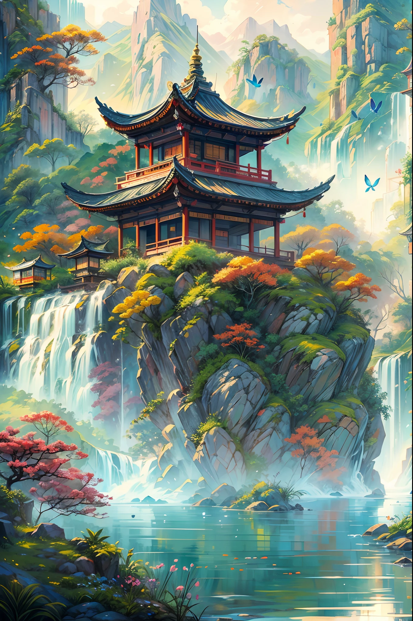 (best quality,4k,8k,highres,masterpiece:1.2),ultra-detailed,(realistic,photorealistic,photo-realistic:1.37),flying sky island, water fall, rainbow, chinese style, natural, colorful, giant water fall, sunset, purple sky, yellow sun, peaceful, serene, tranquil, majestic, ethereal, breathtaking, vibrant, picturesque, mystical, mesmerizing, dreamlike, romantic, awe-inspiring, enchanting, enchanting landscapes, captivating, graceful, soothing, idyllic, hidden oasis, hidden gem, paradise, hidden wonder, divine, mythical, serene beauty, divine beauty, otherworldly, aerial view, panoramic view, surreal, floating, suspended in the air, suspended in the sky, tranquil sea, sparkling water, cascading water, misty, misty water, roaring, powerful, fresh breeze, cool mist, gentle spray, shimmering, sparkling, gentle flow, peaceful flow, a fusion of nature and architecture, a harmonious blend, ornate Chinese architecture, pagoda, rustic wooden bridge, lush greenery, vibrant foliage, blooming flowers, delicate petals, chirping birds, fluttering butterflies, flowing robes, traditional Chinese clothing, tranquil ponds, stone statues, stone lanterns, serene reflection, distant mountains, distant horizon, distant islands, distant skyline, dramatic cliffs, rugged terrain, winding paths, meandering streams, stepping stones, traditional Chinese gardens, Zen garden, bonsai trees, tea house, meditation, tranquility, inner peace, cultural heritage, ancient traditions, rich history, hidden valleys, secluded nooks, golden hour, warm hues, soft sunlight, gentle twilight, magical atmosphere, calm and soothing, artistic masterpiece, poetic beauty, visual poetry, color palette, graceful brushstrokes, poetic composition, vibrant colors, traditional ink painting, watercolor, ink wash painting, naturalistic, asymmetry, simple and elegant, harmonious composition, detailed craftsmanship, symbolic motifs, artistic expression.