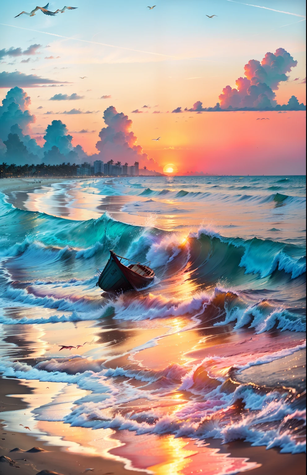 An absolutely mesmerizing sunset on the beach, with a mix of orange, pink, and yellow in the sky. The water is crystal clear, gently kisses the coast, and the white sand is endless. The scene is dynamic and breathtaking, with seagulls soaring high in the sky and palm trees swaying softly. Immerse yourself in the calm atmosphere and let the serenity surround you.