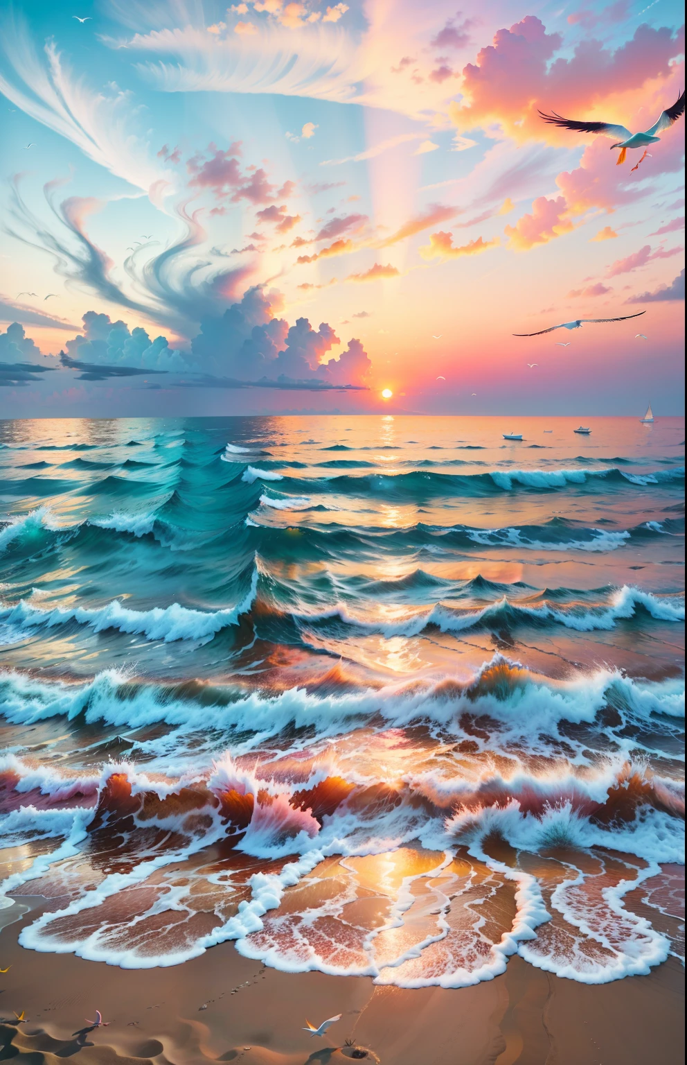 An absolutely mesmerizing sunset on the beach, with a mix of orange, pink, and yellow in the sky. The water is crystal clear, gently kisses the coast, and the white sand is endless. The scene is dynamic and breathtaking, with seagulls soaring high in the sky and palm trees swaying softly. Immerse yourself in the calm atmosphere and let the serenity surround you.
