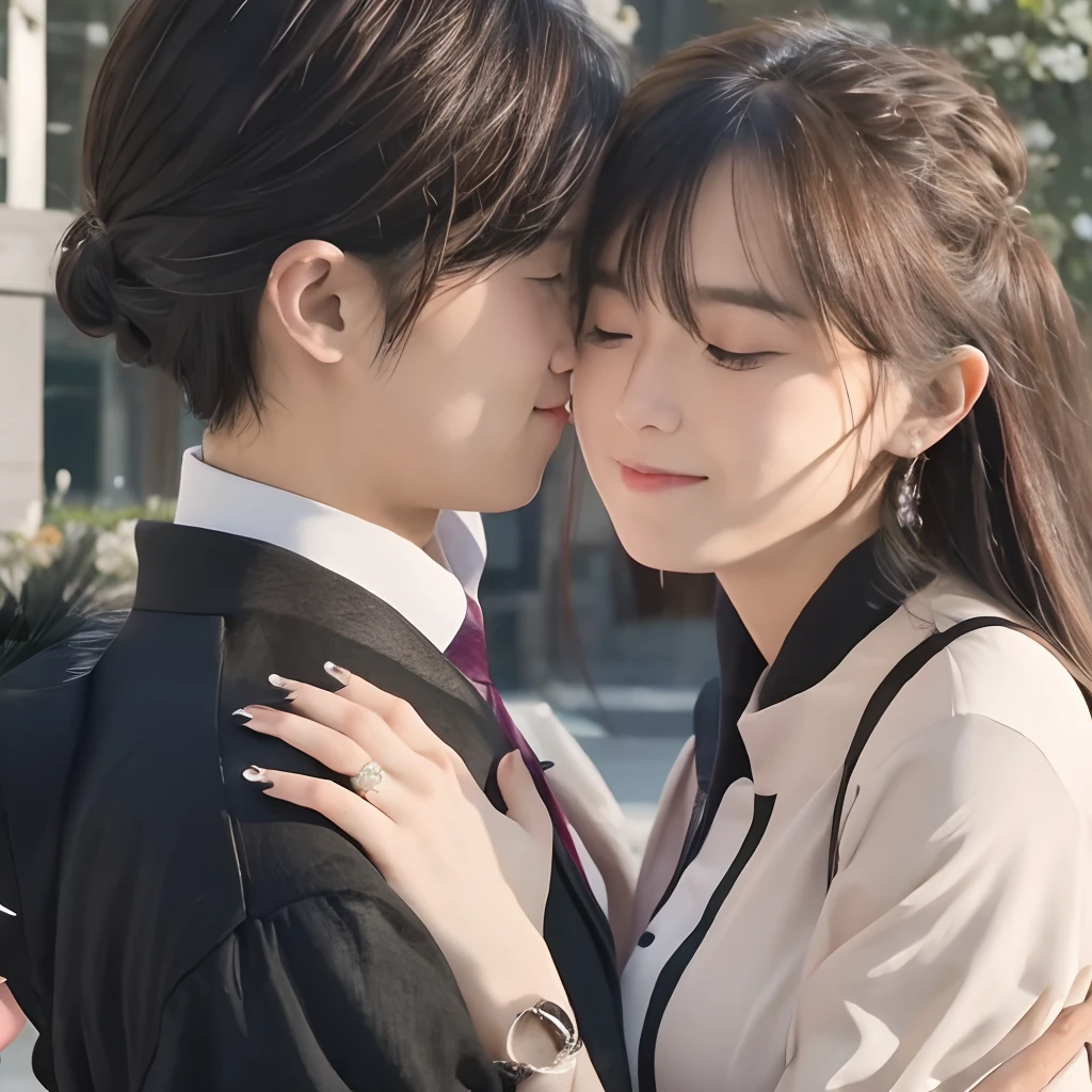 A couple kissing and wearing engagement dresses