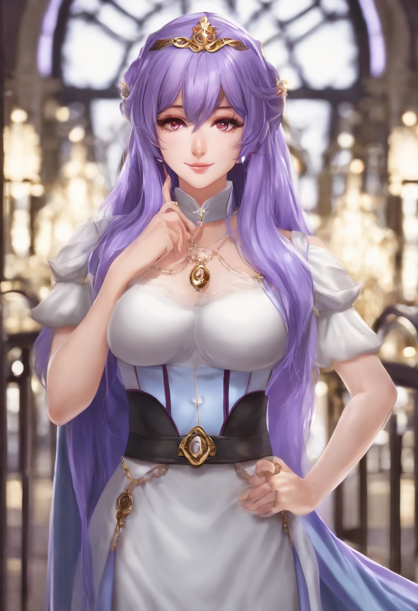 ((commemorative photo)),((masterpiece)),highres,8k,a young queen,beautiful Queen,(solo),(perfect female body),(skinny:1.5),crown,choker,(huge breasts:0.8),gorgeous necklace,gorgeous white dress,(((gorgeous decoration))),smile,perfect face,purple hair,gorgeous castle,palace,a red carpet,<lora:PerfectFullBreasts-fCV3.5:1>,<lora:dreamyGirlsFace_dreamyFace:0.8>,