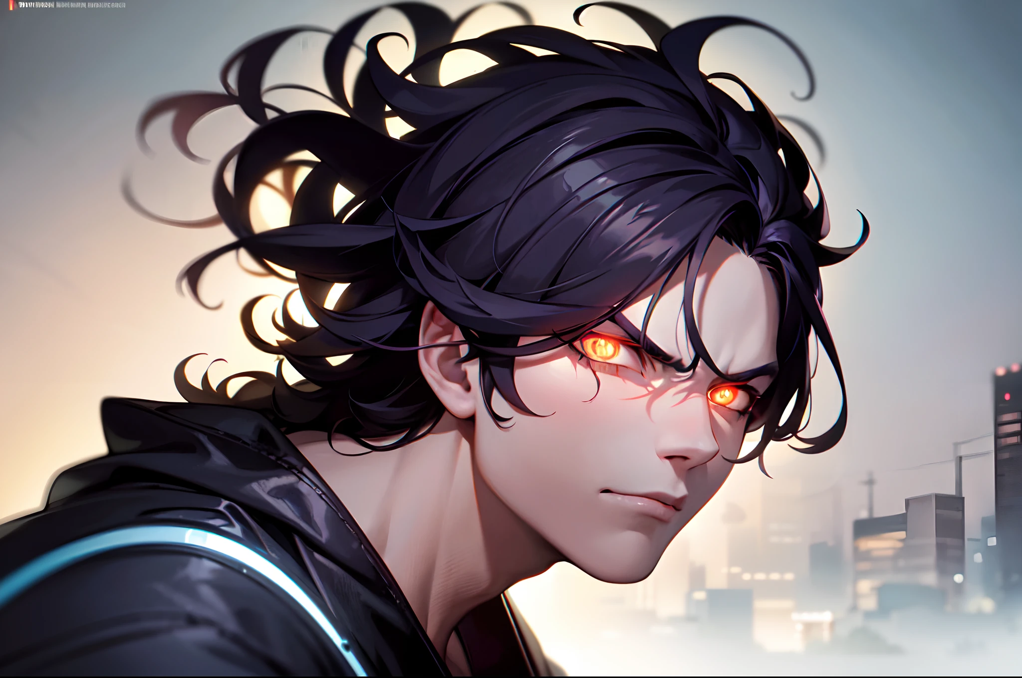 16K, HDR, RTX, raytracing, natural lighting, absurdres, best qaulity masterpiece, perfect anatomy highly detailed face, detailed eyes, 1boy, solo, wearing shirt, curly hair, extreme manly, edgy, cool, evil aura, windy, glowing eyes, serious expressions, dystopian city, futuristic, detailed background, award winning, neon lights, trending on art station, standing on wide grass area
