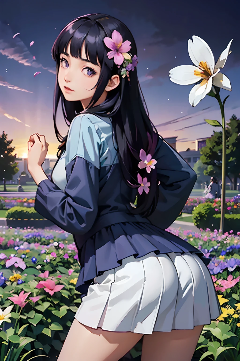 absurderes, hight resolution, (Official art, Beautiful and aesthetic:1.2), (Close View:1.2), Front composition,
1girl in, (Long hair:1.2), dark blue hair, Wavy Hair, Blunt Bangs, purple eyes,
(Everywhere in the flower garden:1.6), (Flower Effects:1.2), (Floral background:1.2), (Background filled with flowers:1.4), (Fancy backgrounds:1.1)、(a miniskirt、upturned ass、light skinned、kawaii、Embarrassing、Super beauty、Upturned、Get on all fours with your big butt sticking out towards the viewer、While staring at the viewer、The silhouette is eroi)