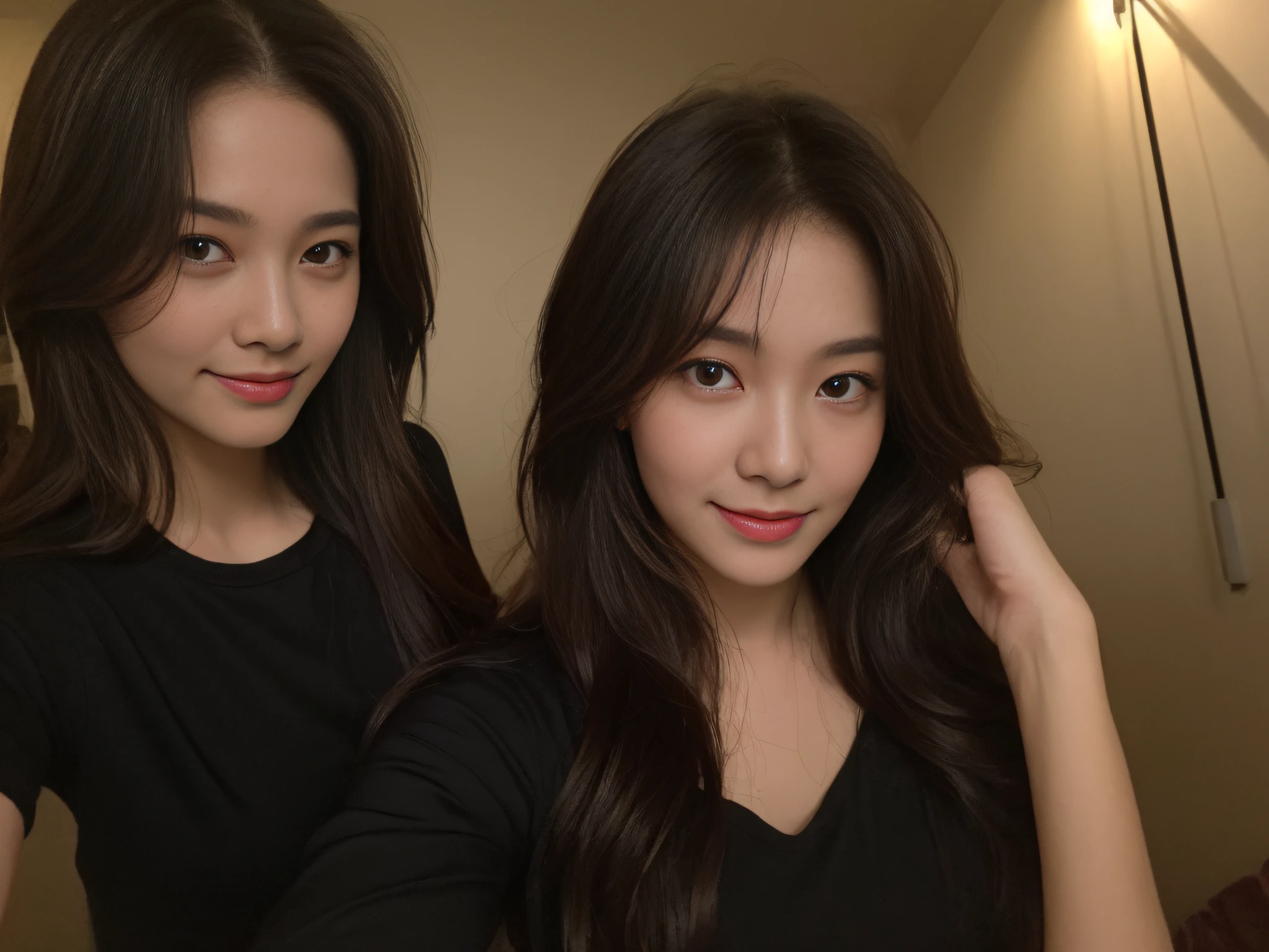 ((Night, Best Quality, 8K, Masterpiece: 1.3, Realistic)), Perfect Body Beauty: 1.4, Slender Abs: 1.2, ((Long messy brown hairstyle: 1.4, Medium Breasts: 1.2)), (Black silk pajamas: 1.1, Sleeping: 1.1), (Indoor, Bed: 1.1, Pillow, Bedroom background: 1.1, Dark lighting: 1.2), (Wet hair: 1.1), Highly detailed face and skin texture, detailed eyes, double eyelids, seductive smile, half body camera view, (Face looking at the camera, Holding the camera, Selfie: 1.2)
