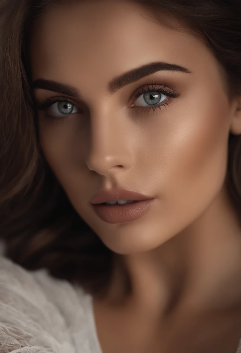 Arafed woman completely , fille sexy aux yeux bruns, ultra realist, Meticulously detailed, Portrait Sophie Mudd, cheveux bruns et grands yeux, selfie of a young woman, Yeux de chambre, Violet Myers, sans maquillage, maquillage naturel, looking straight at camera, Visage avec Artgram, Maquillage subtil, Great photo of the whole body kneeling on the bed, dans la chambre, Medium to large bust, realiste, tache de rousseur