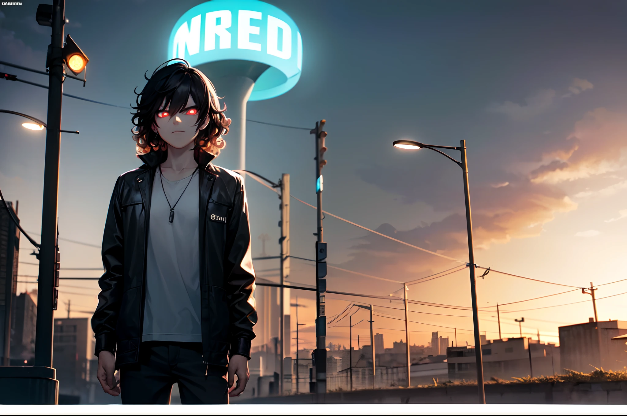 16K, HDR, RTX, raytracing, natural lighting, absurdres, best qaulity masterpiece, perfect anatomy highly detailed face, detailed eyes, 1boy, solo, wearing shirt, curly hair, extreme manly, edgy, cool, evil aura, windy, glowing eyes, serious expressions, dystopian city, futuristic, detailed background, award winning, neon lights, trending on art station, standing on wide grass area