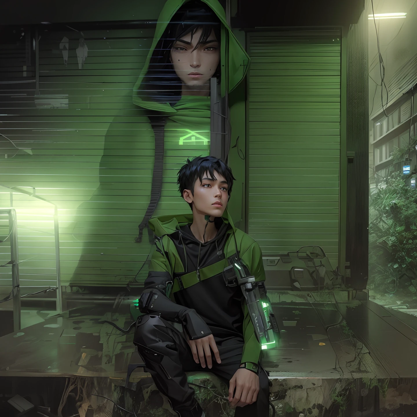 Animeboy in green hoodie，cyberpunk anime boy in hoodie,  black haired boy wearing hoodie, realistic anime artstyle, Robotic arm，Metal belt，thongs，satchel，anime styled digital art, anime realism style