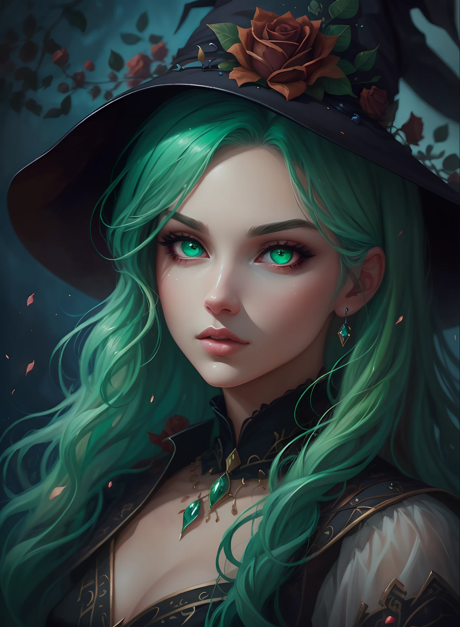 painting of a fierce witch wizard woman with red roses around her, green hair, green eyes, background pitch black, a digital painting by Galen Dara, trending on Artstation, digital art, stunning digital illustration, jen bartel, beautiful digital artwork, beautiful digital illustration, epic digital art illustration, epic portrait illustration, stunning digital painting, glossy digital painting, detailed digital painting, gorgeous digital painting, amazing digital art --auto --s2