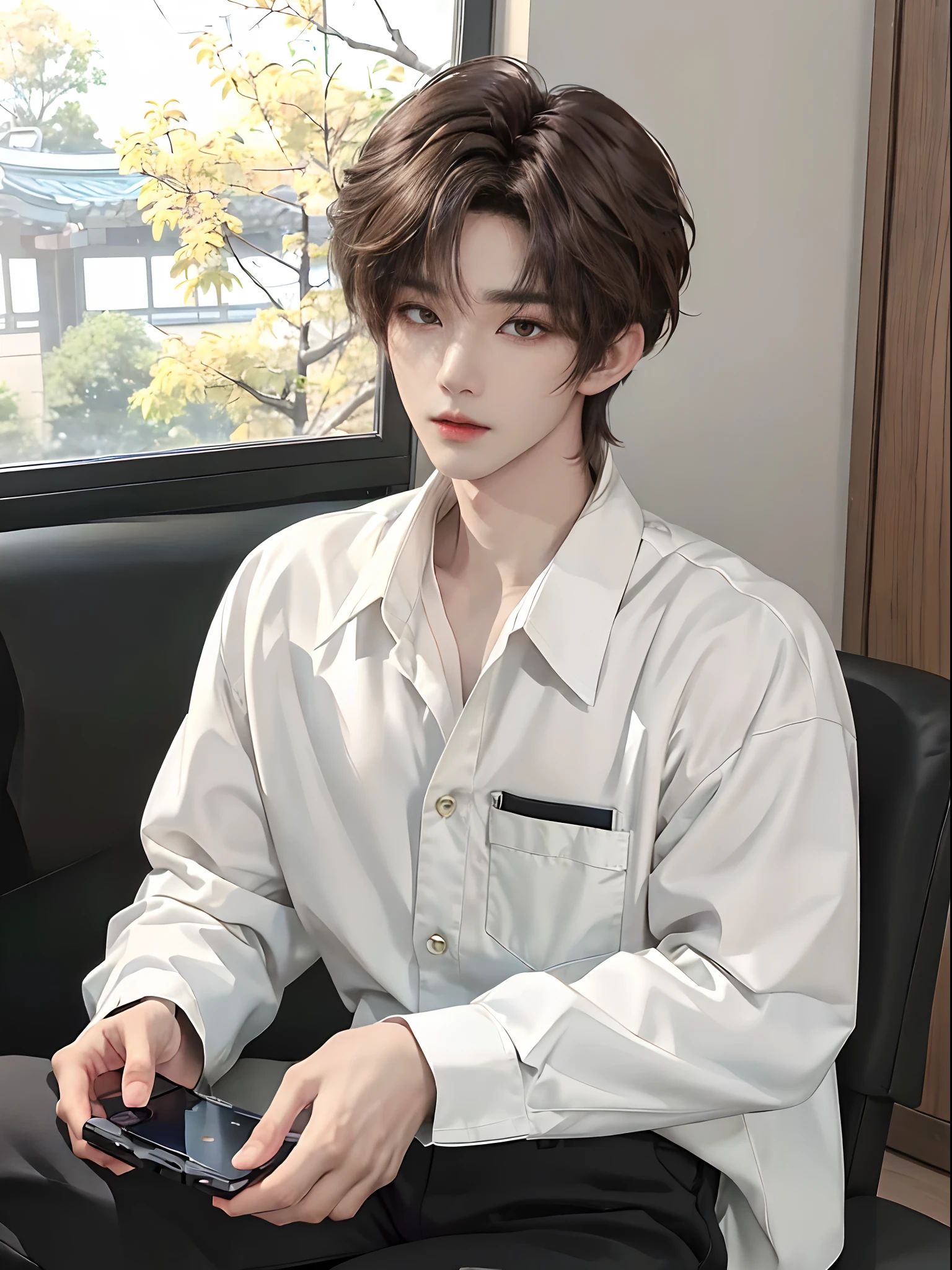 ((4K))、​masterpiece、（top-quality)、((high-level image quality))、One Manly Boy、((White Y-shirt and long black pants))、(Detailed beautiful eyes)、Stylish homeroom at night with a view of the night sky from the window、Take a selfie while sitting in a gaming chair in front of your PC、Face similar to Chaewon in Ruseraphim、((short hair above the ears))、((Smaller face))、((Neutral face))、((Light brown eyes))、((Korean boy))、((18year old))、((Handsome man))、((Wild look))、((Korean Makeup))、((elongated and sharp eyes))、((During game streaming))、((Shots from the upper body))、((Take selfies at close range))