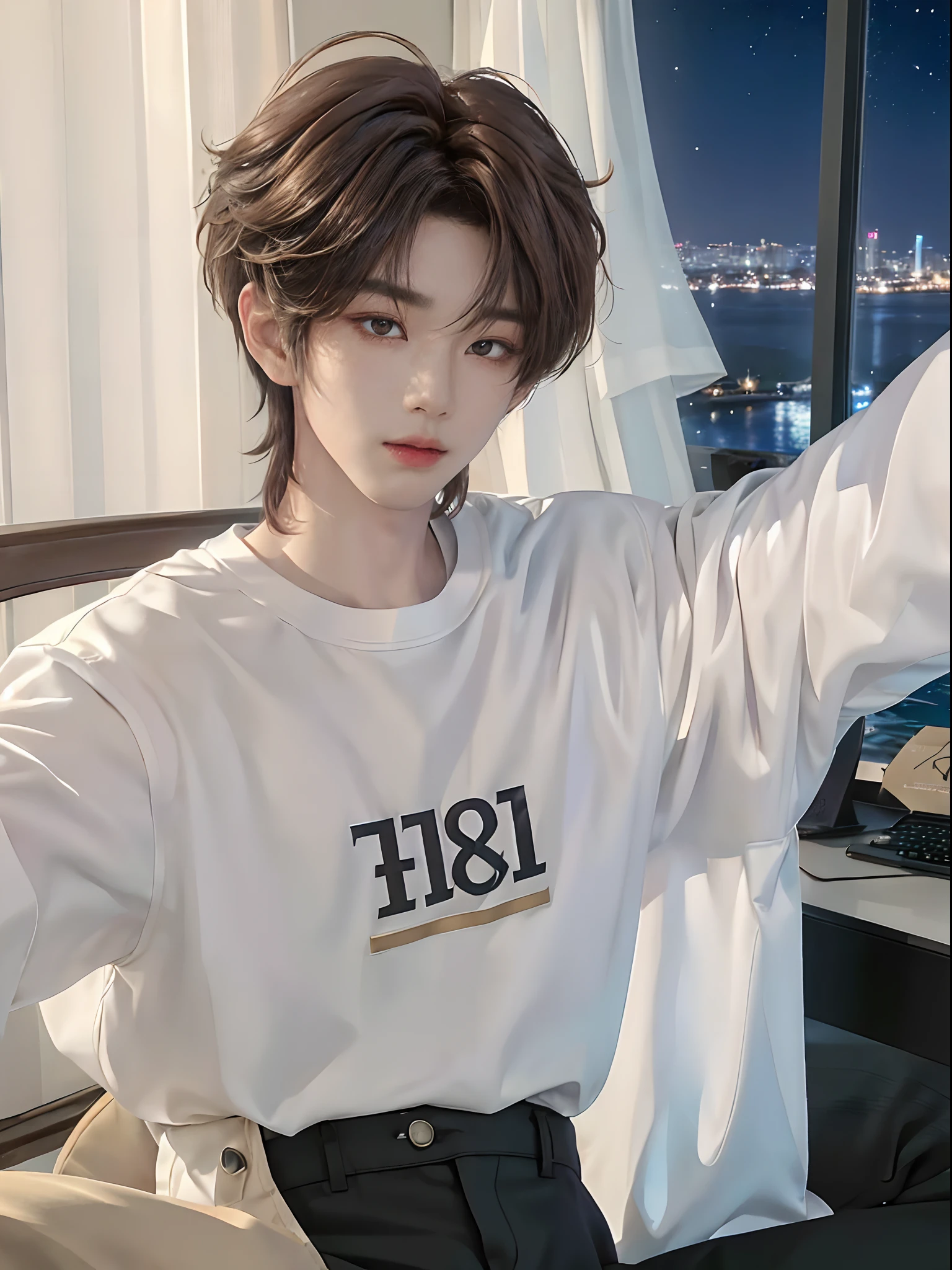 ((4K))、​masterpiece、（top-quality)、((high-level image quality))、One Manly Boy、((White Y-shirt and long black pants))、(Detailed beautiful eyes)、Stylish homeroom at night with a view of the night sky from the window、Take a selfie while sitting in a gaming chair in front of your PC、Face similar to Chaewon in Ruseraphim、((short hair above the ears))、((Smaller face))、((Neutral face))、((Light brown eyes))、((Korean boy))、((18year old))、((Handsome man))、((Wild look))、((Korean Makeup))、((elongated and sharp eyes))、((During game streaming))、((Shots from the upper body))、((Take selfies at close range))