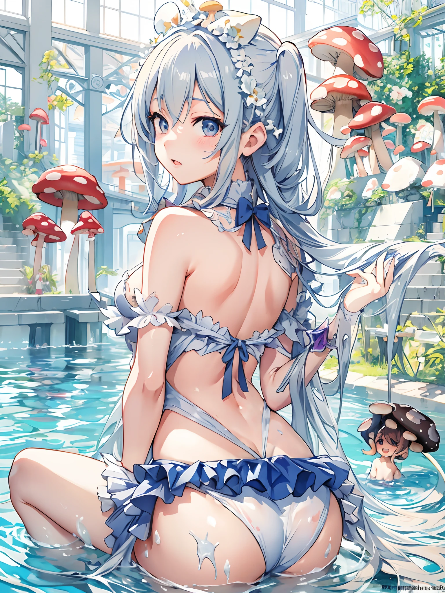 (mushroom on head:1.3), anime girl in a bikini sitting in a pool with a lot of fish, splash art anime ****, rem rezero, seductive anime girl, beautiful anime girl, anime moe artstyle, clean detailed anime art, cute anime waifu in a nice dress, cute anime girl, wallpaper anime blue water, anime visual of a cute girl, from the azur lane videogame