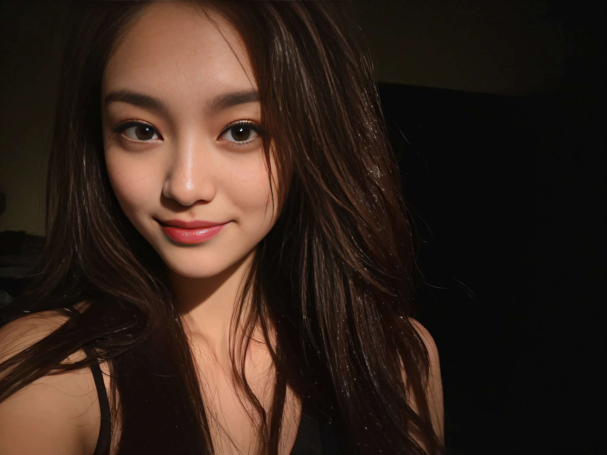 ((Night, Best Quality, 8K, Realistic)), Perfect Body Beauty: 1.4, Slender Abs: 1.2, ((Long messy brown hairstyle: 1.4, Medium Breasts: 1.2)), (Black silk pajamas: 1.1, Sleeping: 1.1), (Indoor, Bed: 1.1, Bedroom background: 1.1, Dark lighting: 1.2), (Wet hair: 1.1), Highly detailed face and skin texture, detailed eyes, double eyelids, seductive smile, half body camera view, (Face looking at the camera, Holding the camera, Selfie: 1.2)