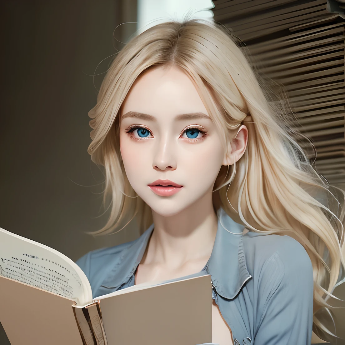 (best quality,4k,8k,highres,masterpiece:1.2),ultra-detailed,(realistic,photorealistic,photo-realistic:1.37),simple blonde woman with a book,beautiful detailed eyes,beautiful detailed lips,extremely detailed eyes and face,longeyelashes,soft flowing hair,casual attire,peaceful expression,content smile,relaxed posture,sitting in a cozy armchair,soft natural light illuminating her face,book in her hands,well-worn pages and intricate cover design,dusty shelves filled with other books in the background,muted warm color palette,subtle shadows creating depth and dimension,gentle air of tranquility surrounding her