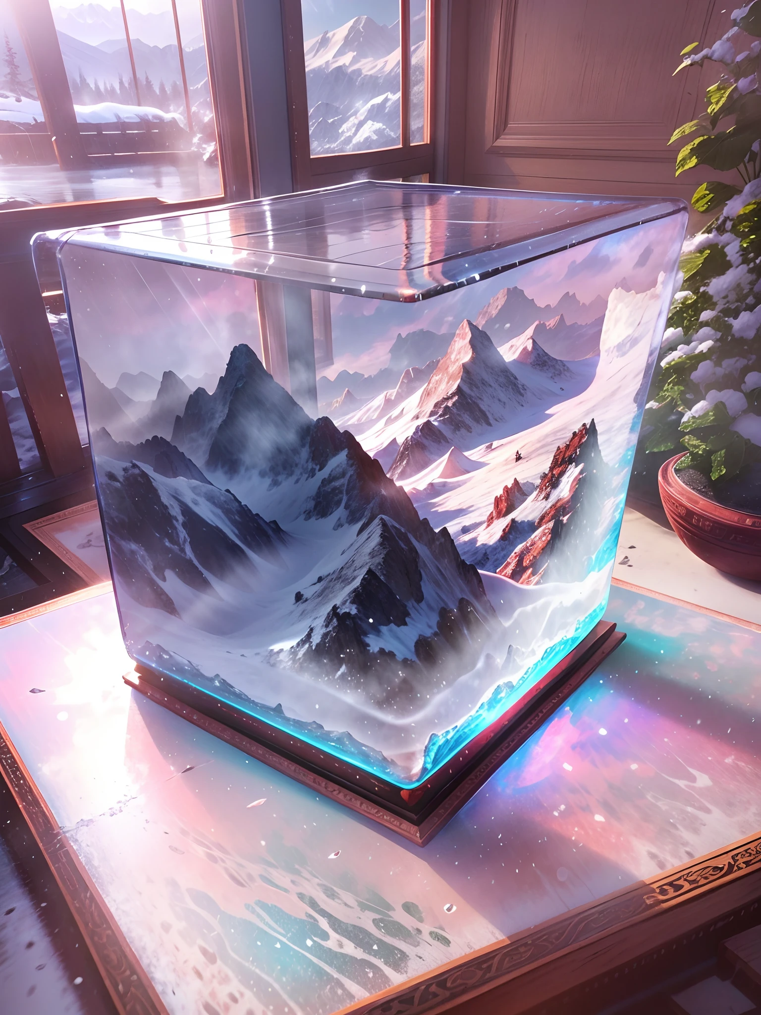 Ultra photo realsisim,16K high resolution,(Maximum sharpening focus:1.3),(Maximum close-up:1.5),(Giant snowy mountains trapped in a crystal-perfect ball,The base is on the table:1.7),(rios,Chinese-style house,Oyuki,snowflower,galactic:1.5),(The light from the back window is backlighted:1.3)