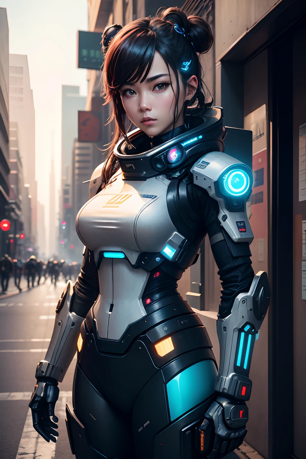 there is a robot that is standing in the street, femminine，Open love playful，Cross your hands behind your back，chappie the robot, dudes, military robot, scout police robot, war robot, chappie in an adidas track suit, mech robot, Mech suit, closeup cleavage, portrait of a mech, titanfall irl, Neil Blomkamp, scifi robots, Cyberpunk cyborg, mech robot futuristic，tmasterpiece，Dark_fanciful，Bust，Art of the highest quality，Highest high resolution，Hyper-detailing，Coffee is the main color，Decorate with blue decorative strips，A futuristic，samurai robots，atmospurate，8K，64k，k hd，Unbeatable masterpiece，动态照明，cinematic ligh，Epic，45 degrees to the left，Mechanization of the face