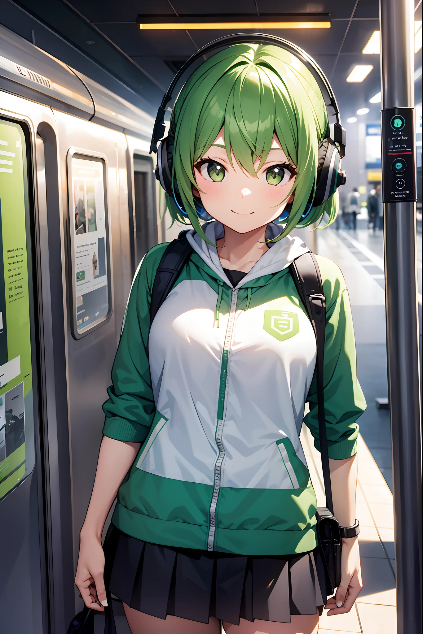 (masterpiece), science fiction, scenery, 1girl, smile, green hair, white eyes, headphones, subway station