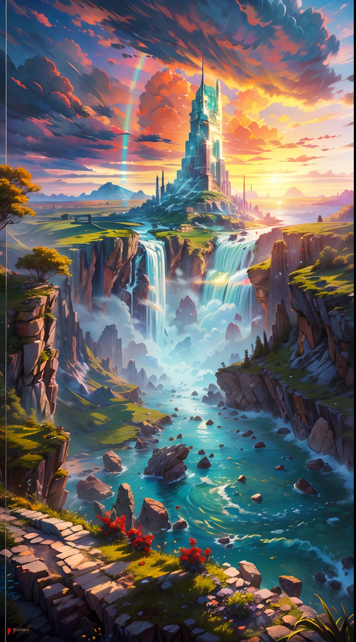 (best quality,4k,8k,highres,masterpiece:1.2),ultra-detailed,(realistic,photorealistic,photo-realistic:1.37), HDR, UHD, studio lighting, extreme detail description, professional, vivid colors, bokeh, portraits, landscape, physcially-based rendering, concept artists, water fall, flying sky island, god of war style, natural, flying island above the sea, colorful, rainbow, giant water fall, sunset, purple sky, yellow sun, bright clouds, reflection on the water surface.